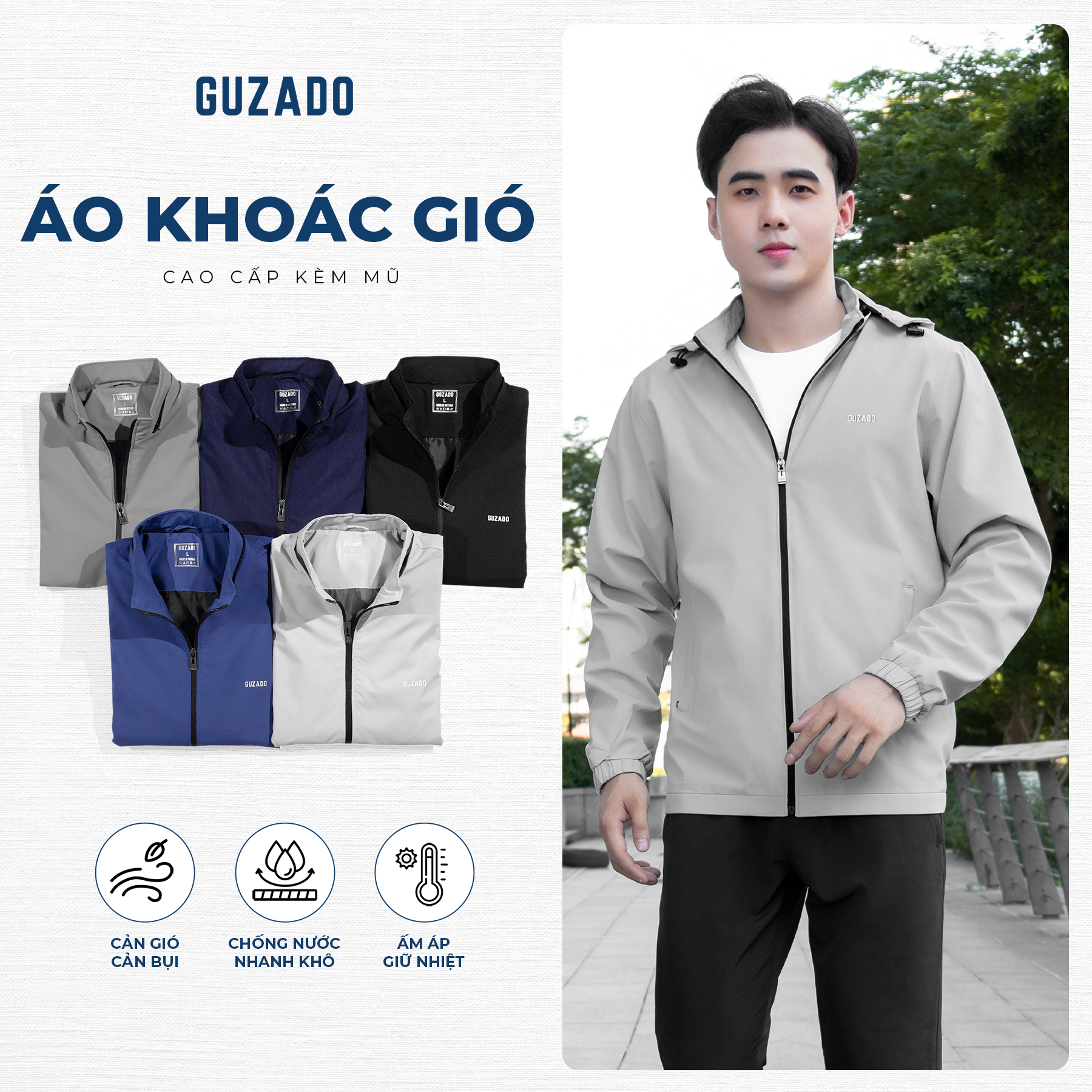 Áo Gió Nam GUZADO Chống Nước, Cản Gió, Giữ Ấm Tốt GKG15