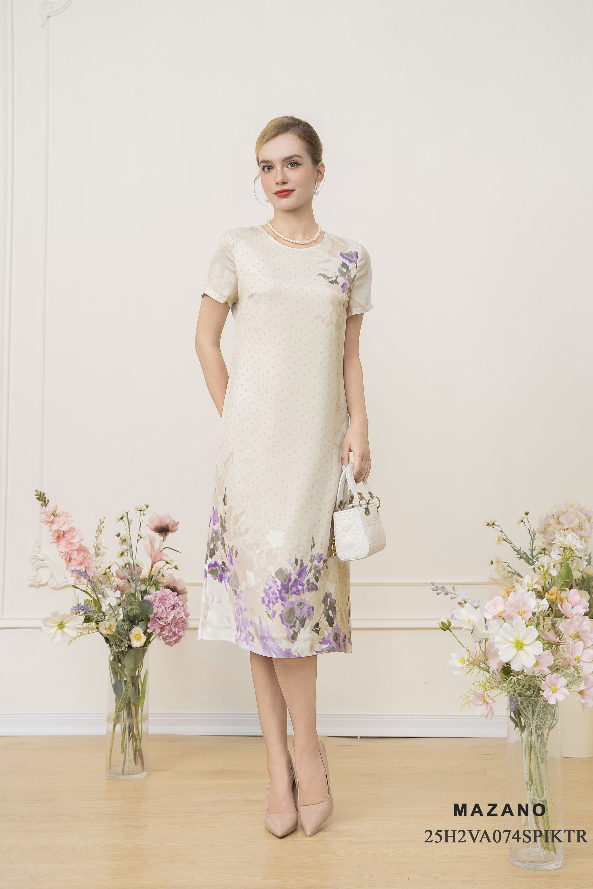 Váy Đầm Suông A Vải Thô lụa Hoạ tiết hoa oải hương Cổ tròn Tay ngắn Dài ngang bắp chân