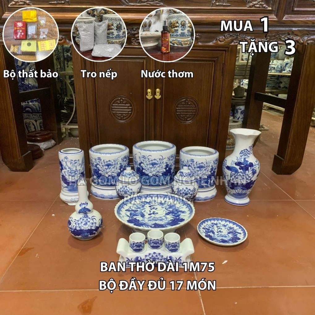 HG332 Đồ Thờ Cúng Bộ 17 món ban thờ 1M75 men lam nghệ nhân Bát Tràng chế tác TẶNG Thất Bảo, Tro Nếp