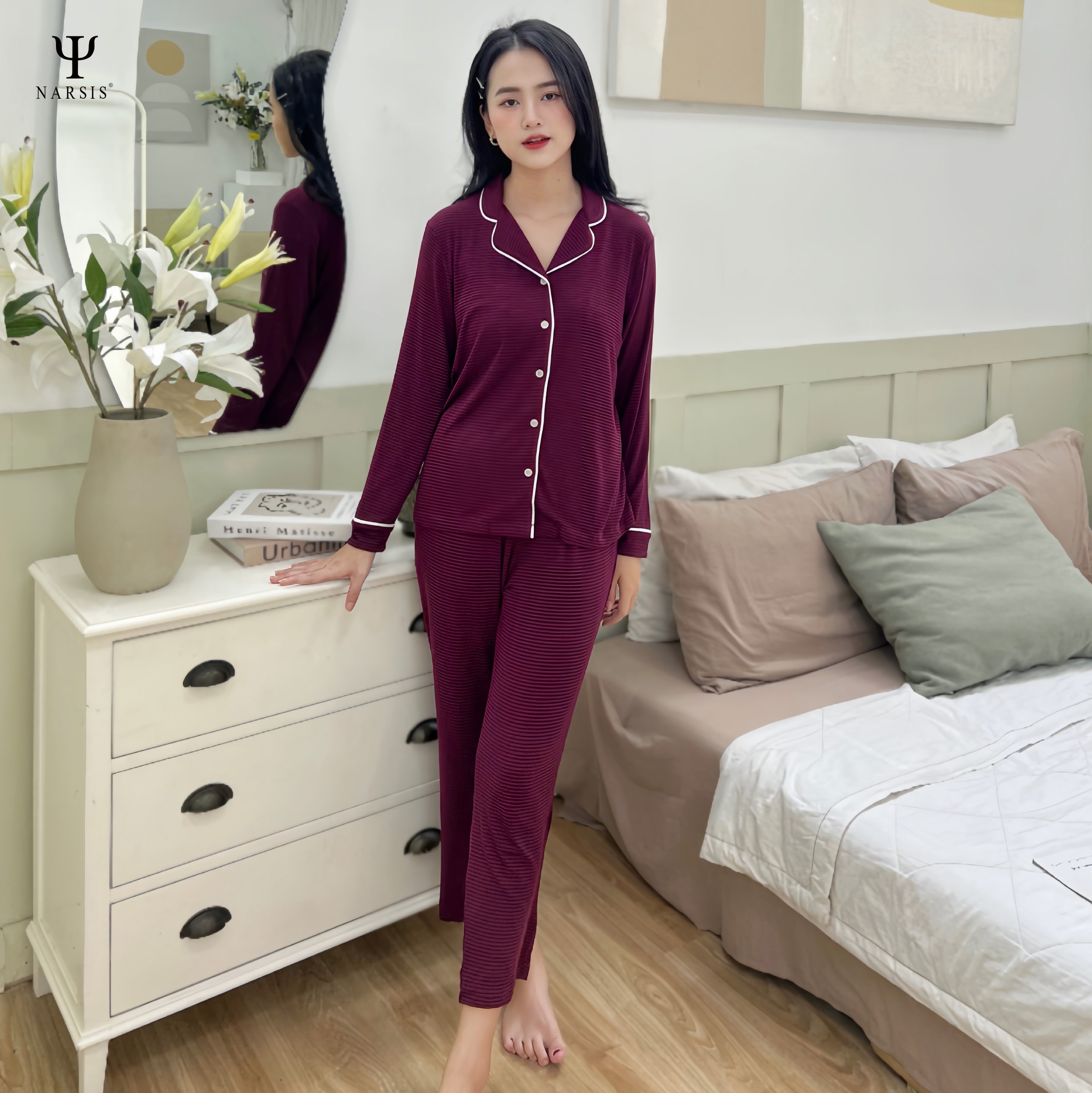 BỘ PIJAMA / BỘ NGỦ NỮ CHẤT COTTON BAMBOO KẺ NHÍ ĐỎ MẬN QUẦN DÀI ÁO DÀI SIÊU MỀM MẠI THOẢI MÁI - M...