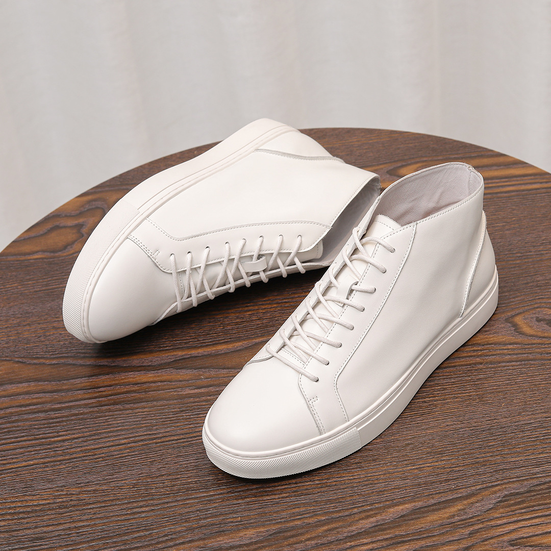 Giày thể thao cổ cao thu đông nam – Da bò lớp 1, làm thủ công, đế mềm kiểu Anh, trắng thời trang cổ điển