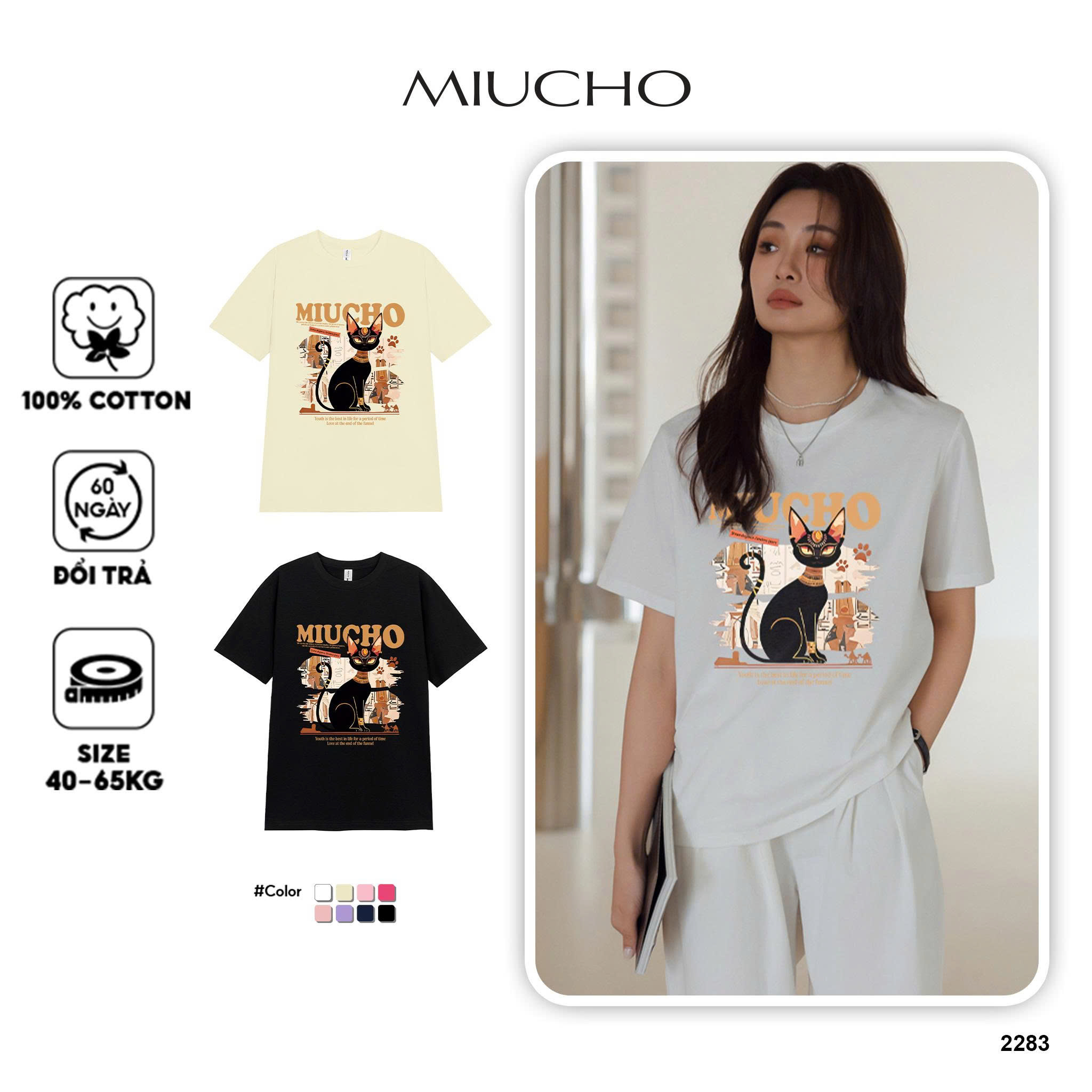 Áo thun nữ form vừa regular dáng ngắn ARD2283 Miucho Chic tay ngắn vải cotton thoáng mát cổ tròn in mix