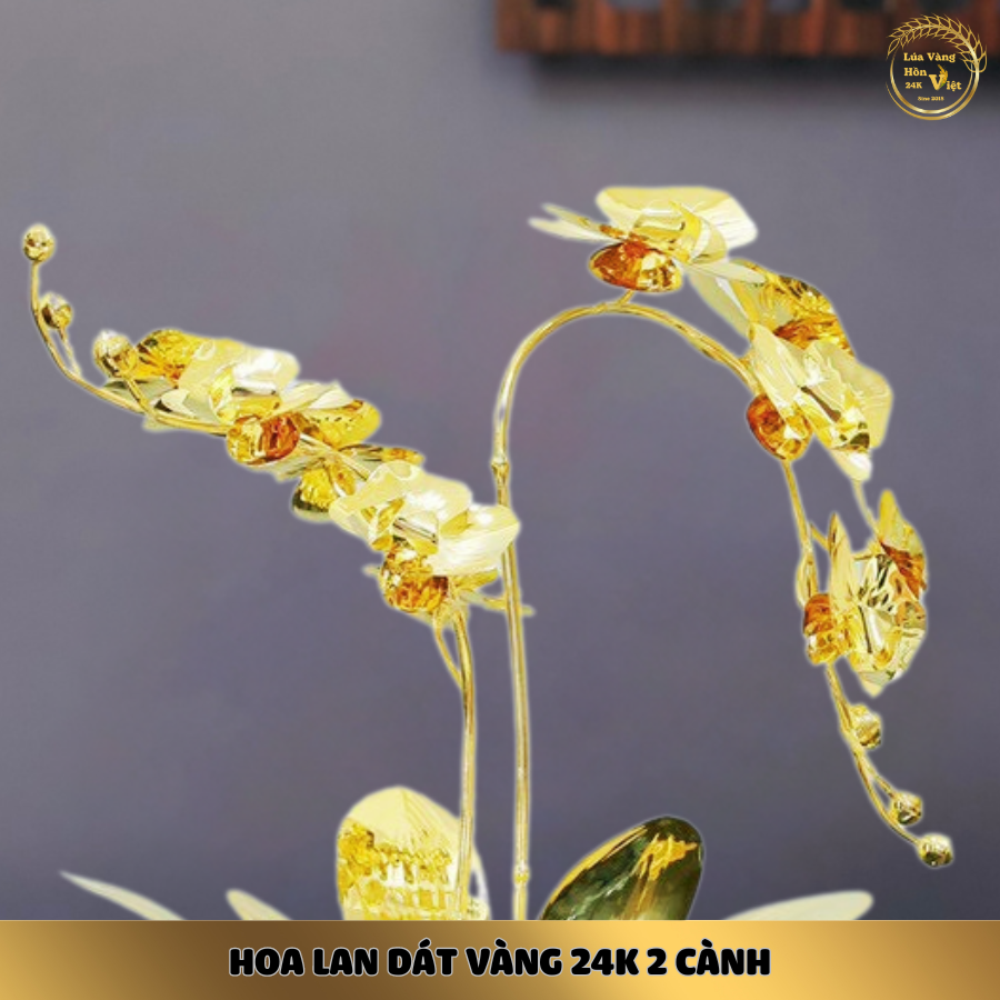 HOA LAN ĐỒNG MẠ VÀNG 24K CHẬU GỐM XANH 2 CÀNH_thumbnail_4
