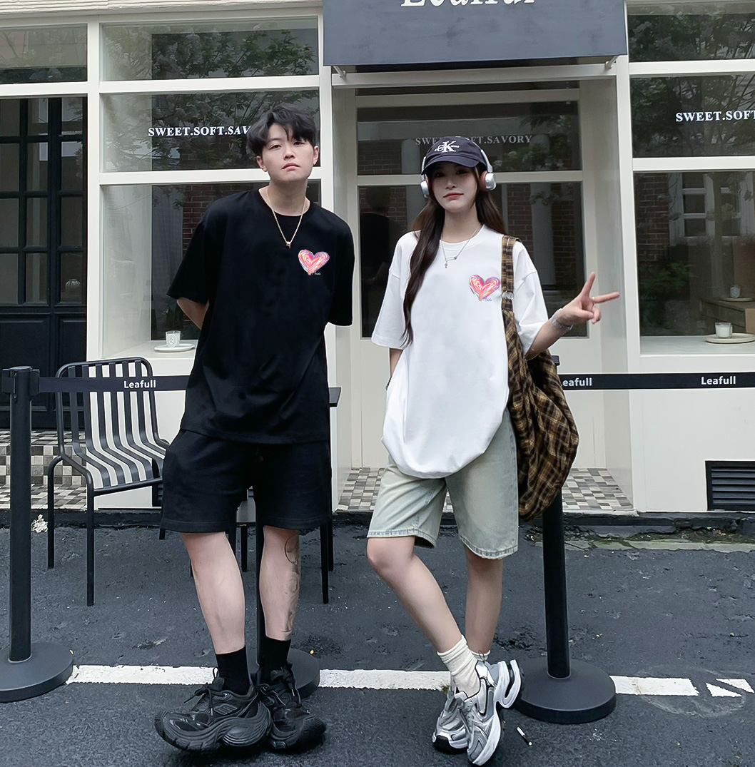 Áo thun cặp đôi in trái tim nhỏ dễ thương form rộng ATD1514 Miucho vải cotton thoáng mát cổ tròn in mix_thumbnail_4