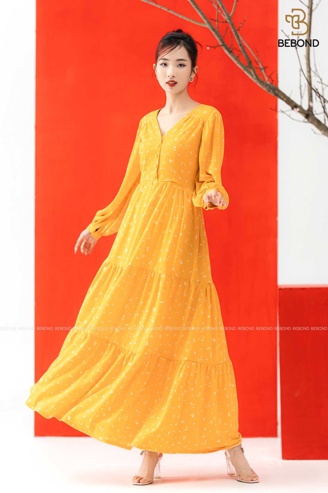 Đầm maxim cổ tim VÀNG HOA TRẮNG- Wendy Dress_thumbnail_2