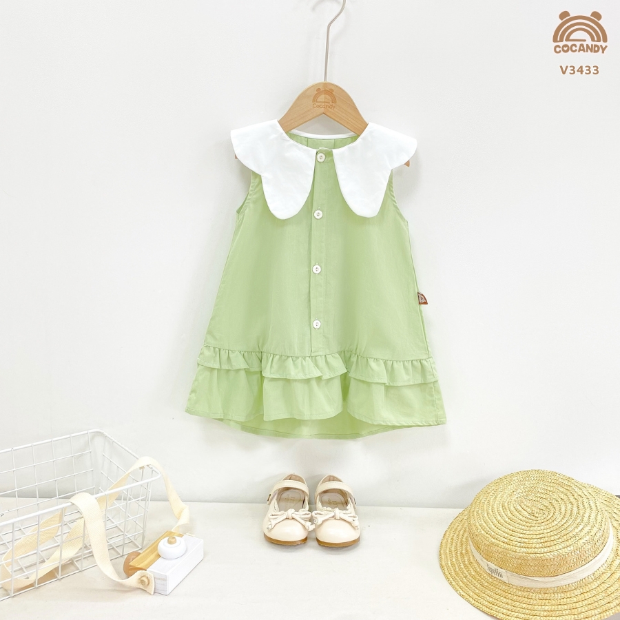 Váy sát nách XANH CỐM cổ sóng TRẮNG