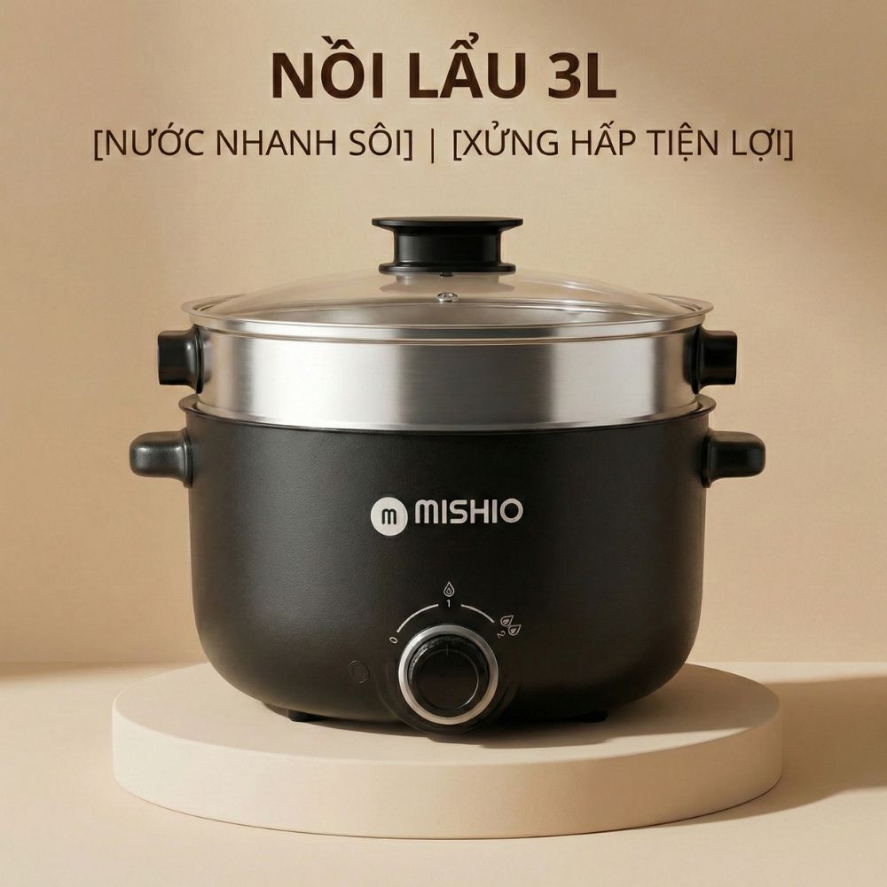 Nồi Lẩu Điện 4L Mishio MK328 có xửng hấp dùng được tối đa 6 người (MÀU ĐEN)