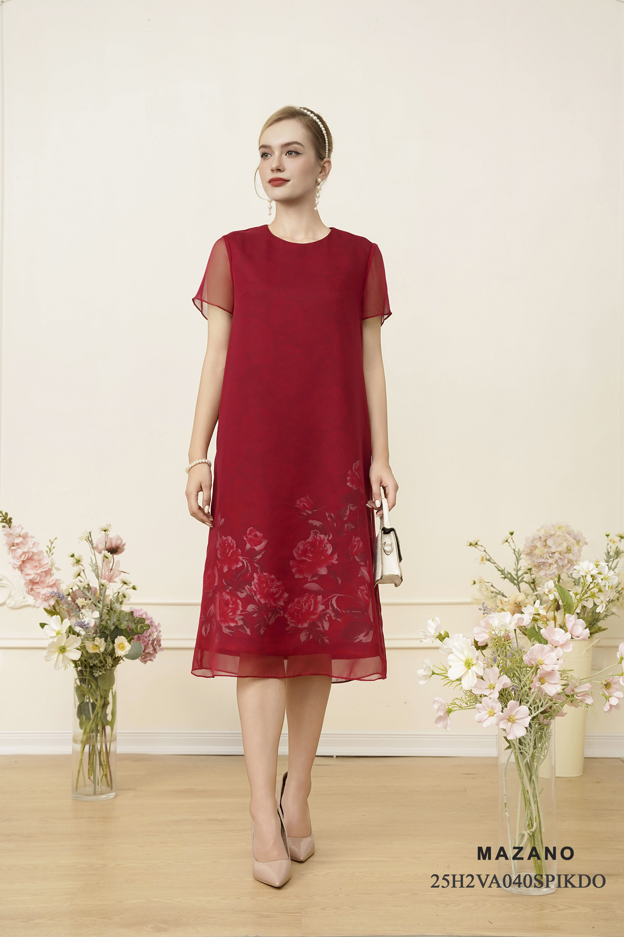 Váy Đầm Suông Vải voan tơ phủ lụa Hoạ tiết hoa hồng cách điệu Cổ tròn Tay ngắn Dài đến bắp chân_thumbnail_0