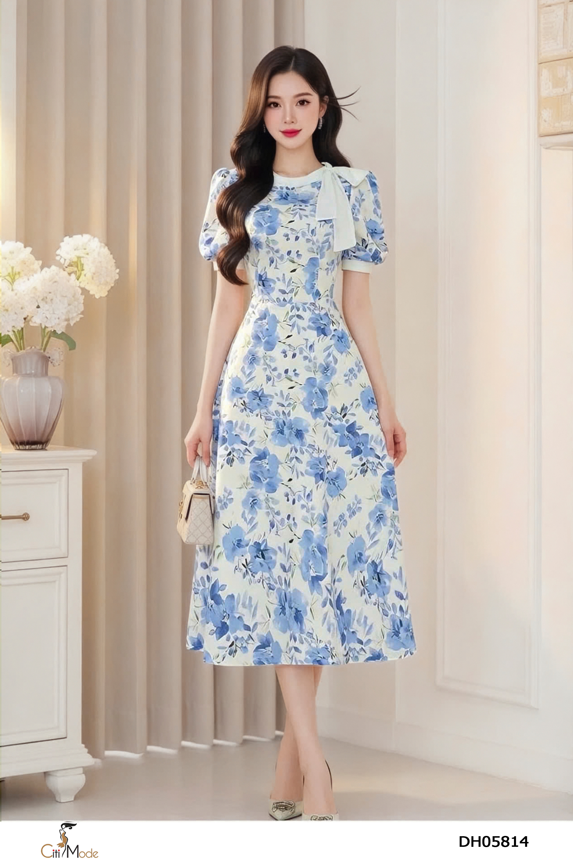 Đầm xòe hoa xanh cổ phối nơ tay cọc_thumbnail_2