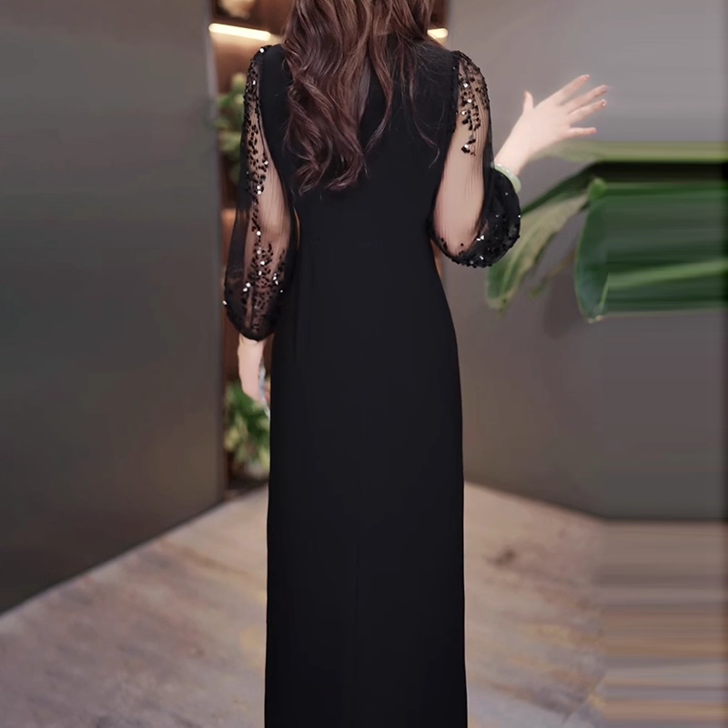 17731-Đầm body suông đen tay voan kim sa cách điệu ( thun nhật, voan)_thumbnail_1