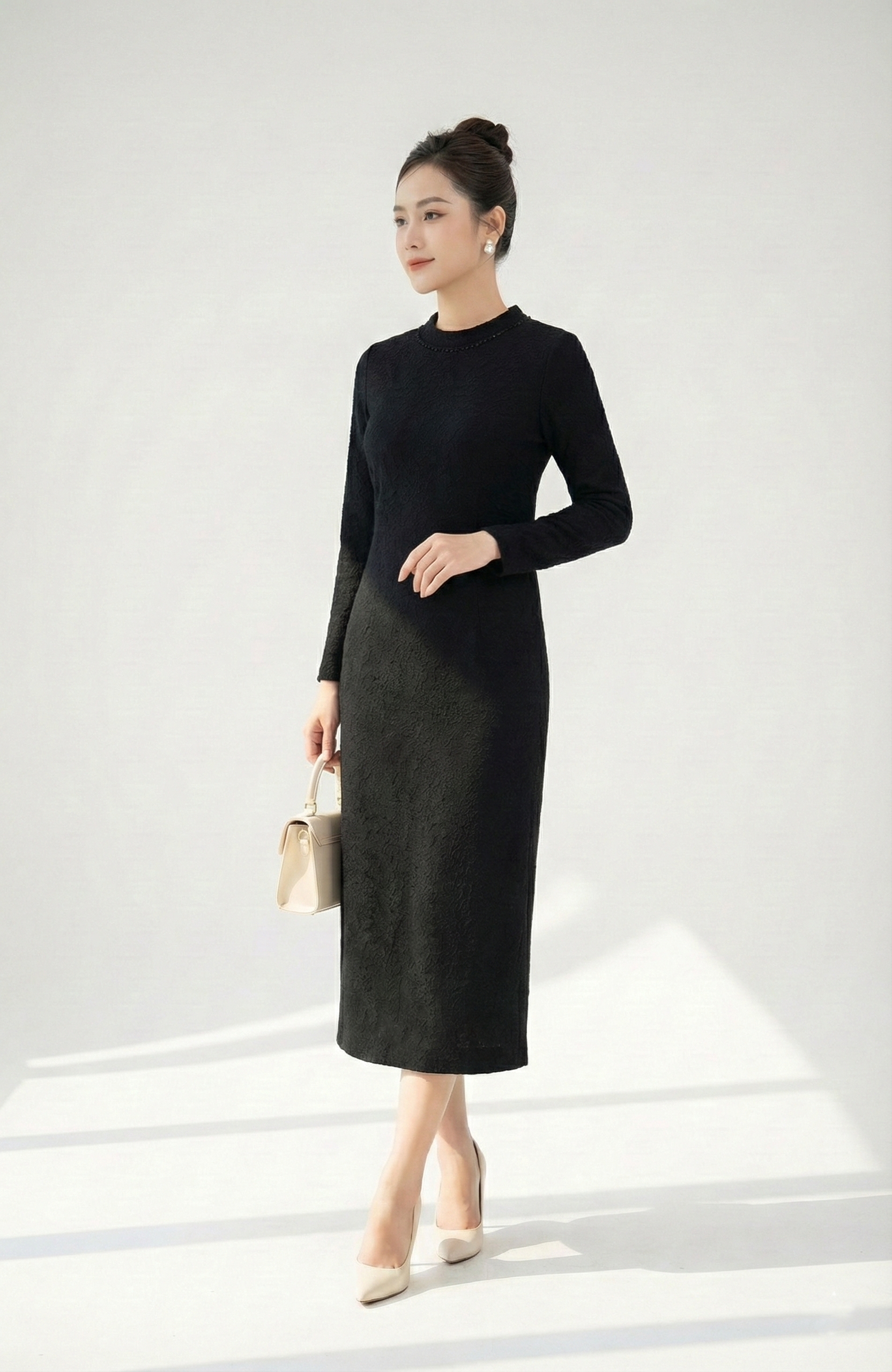 Váy Đầm Suông Vải dạ len Hoạ tiết hoa văn ren chìm Cổ tròn 3p Tay dài Dài qua gối_thumbnail_3