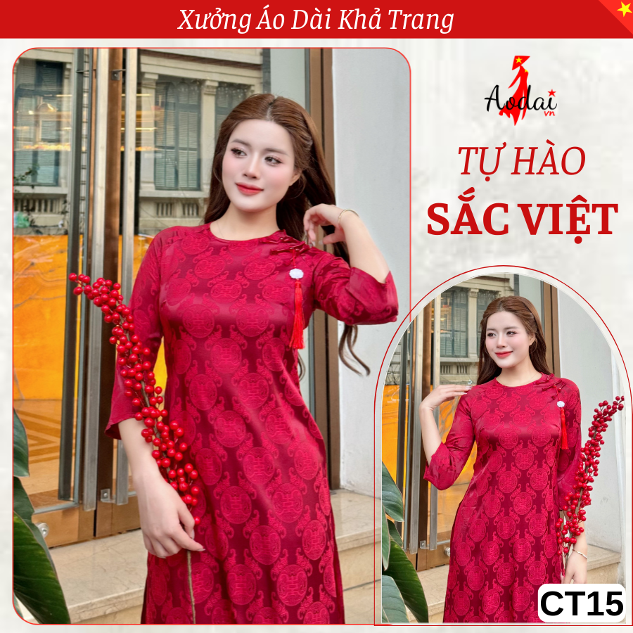 Bộ Áo dài Cách Tân CT15 Gấm Thọ Rơi màu Đỏ Đô Cổ Tròn Tay Lỡ_thumbnail_2