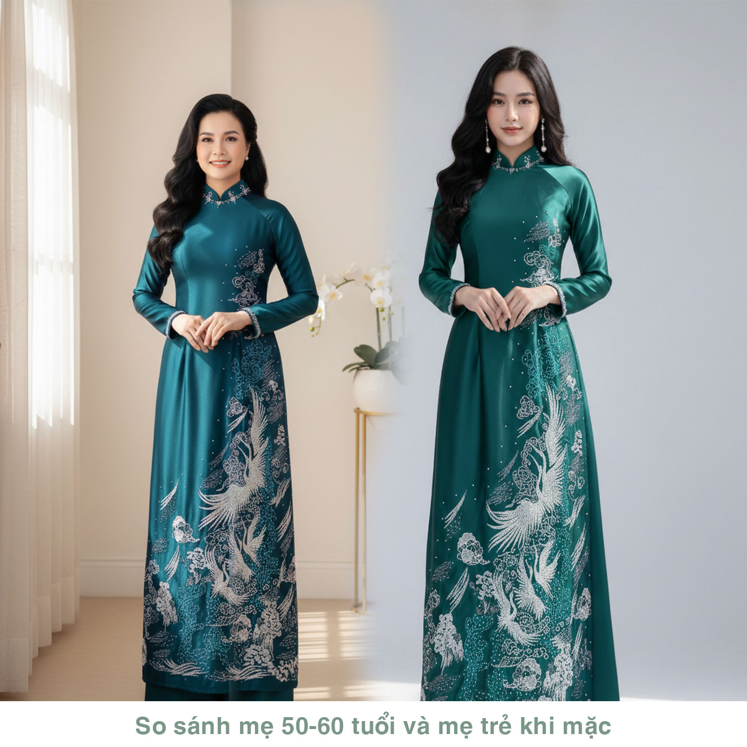 Áo Dài Mẹ Thêu Kết Phượng Vũ - Cao quý, sang trọng, quyền uy - Vải Ruby Xanh Rêu AM25-03_thumbnail_3