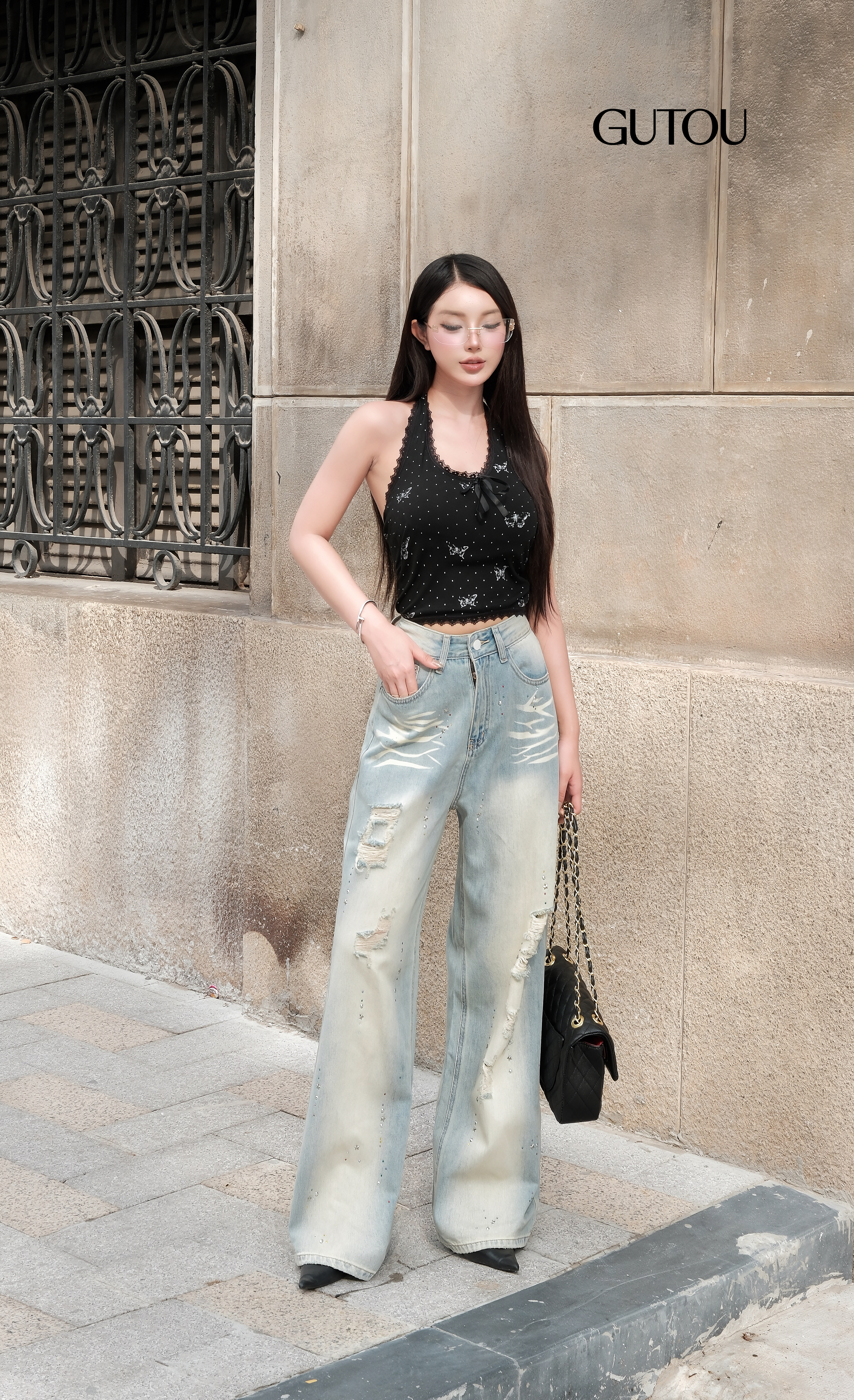 [ GUTOU ] Quần Jean Suông Wash Xước Đính Đá