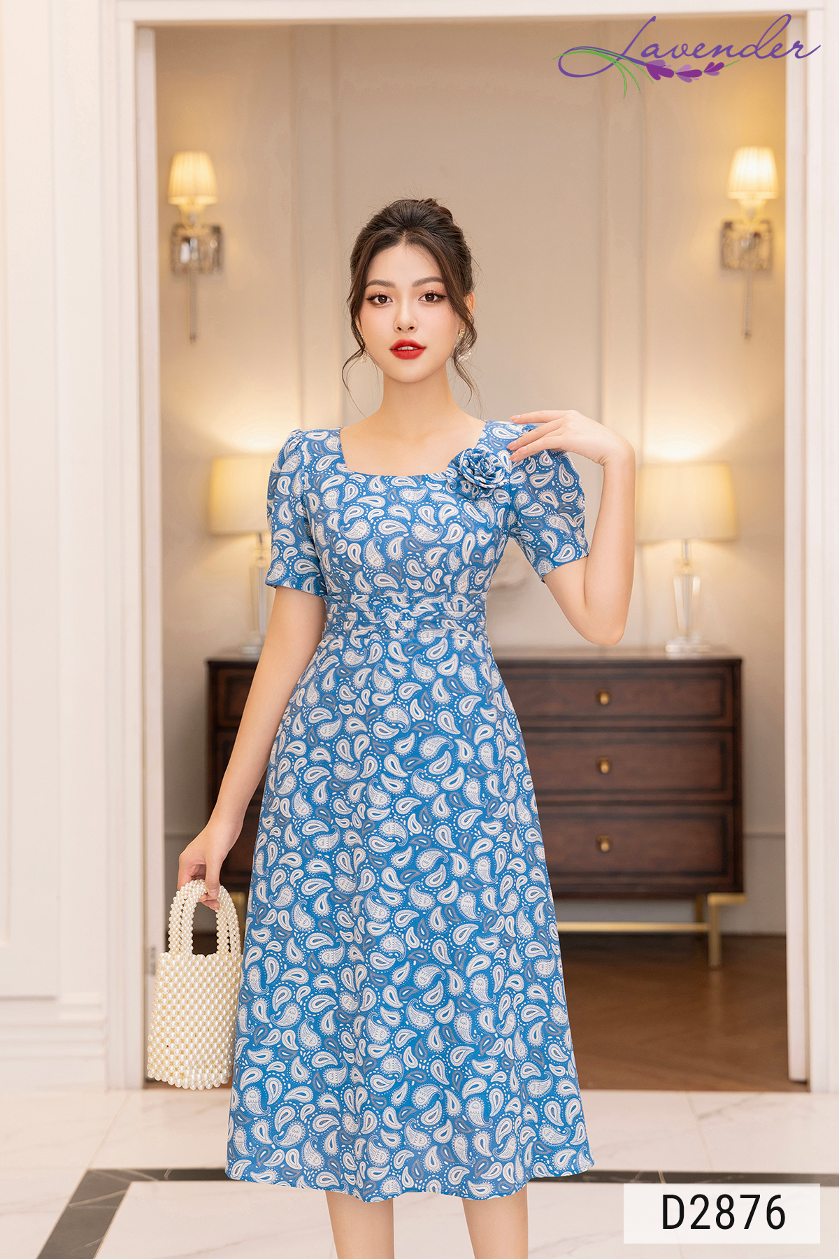 Đầm xòe công sở Thời trang Lavender xanh họa tiết lông vũ cổ vuông đính hoa D2876_thumbnail_2