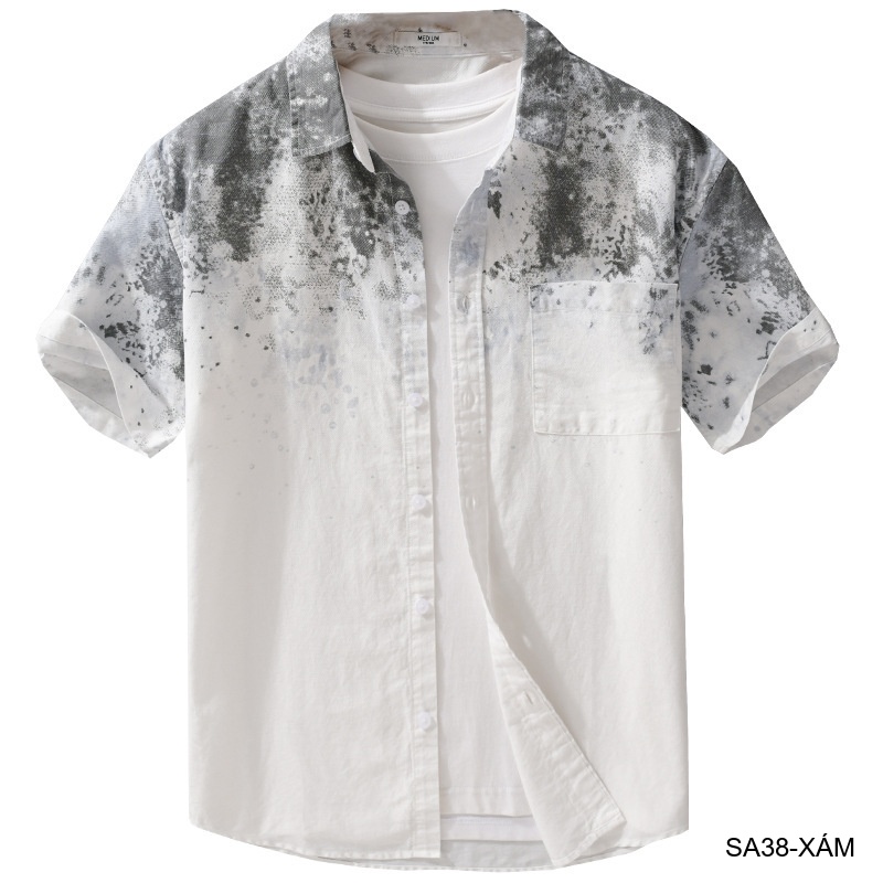 SA38 - Áo sơ mi nam tay ngắn họa tiết loang màu xanh lá và xám, phong cách trẻ trung mùa hè_thumbnail_18