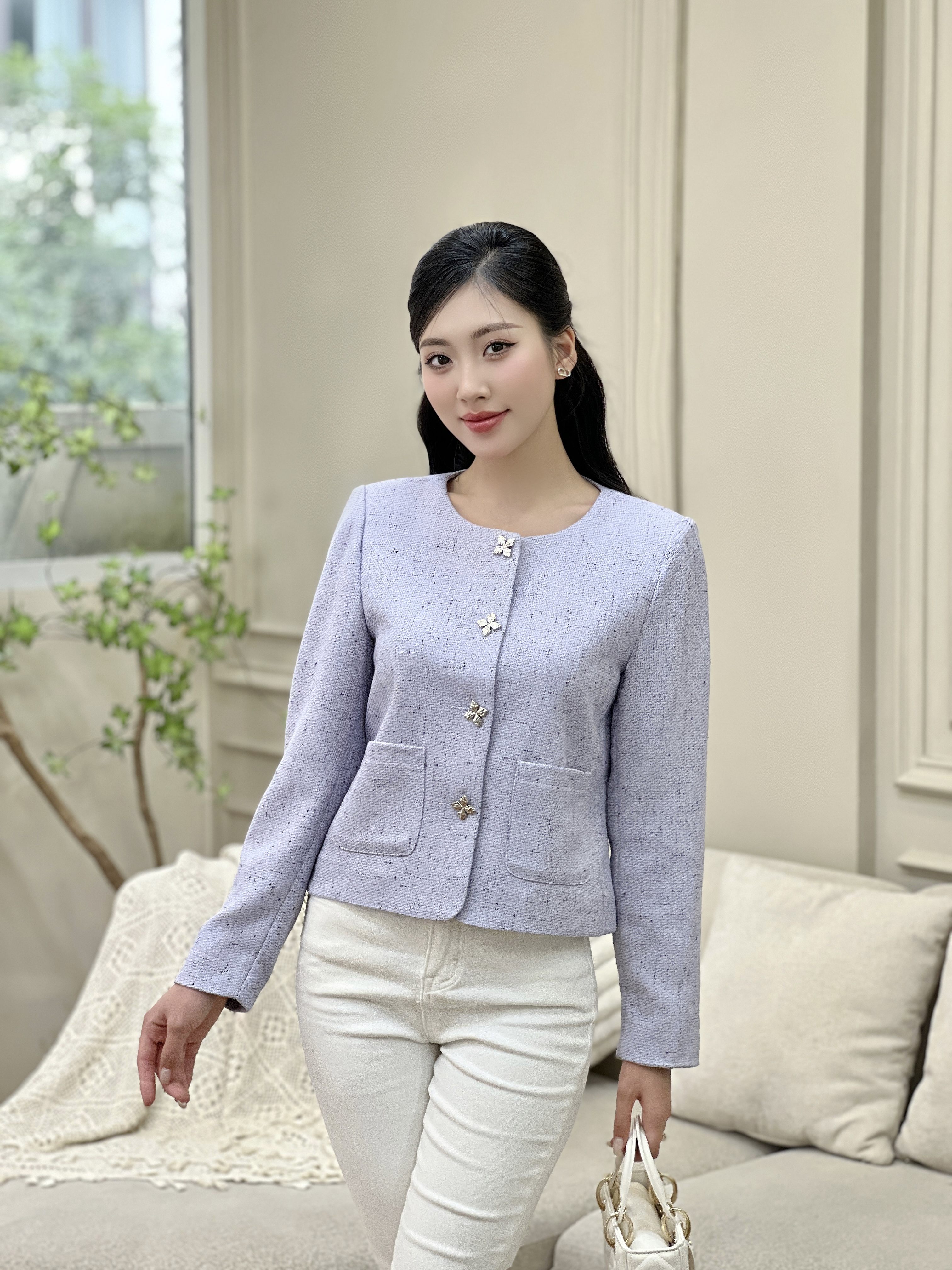 ÁO KHOÁC DẠ NỮ TÍM LAVENDER NARSIS CAO CẤP CHẤT VẢI DÀY DẶN 2 LỚP, DÀI TAY CÓ ĐỆM VAI, ĐÍNH KHUY ...