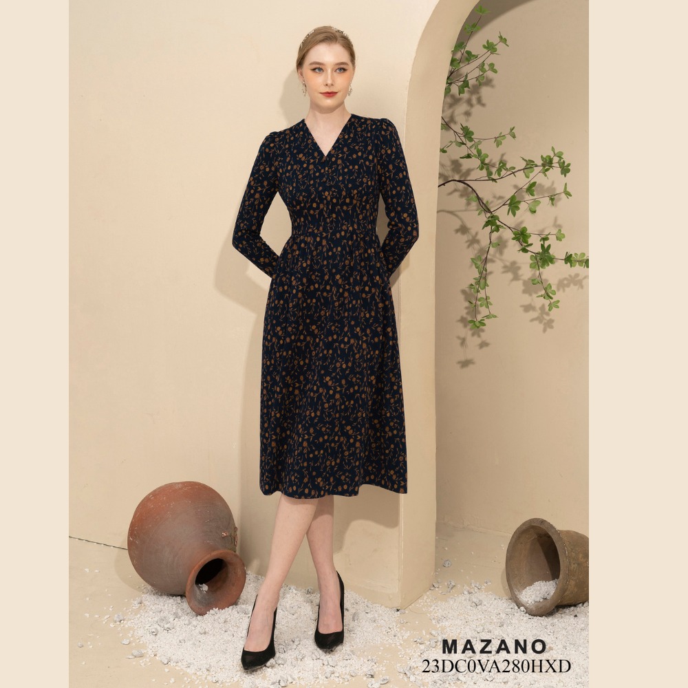 Váy Đầm ôm Chân rủ Vải dạ len Hoạ tiết hoa nhí Cổ V Tay dài Dài ngang bắp chân