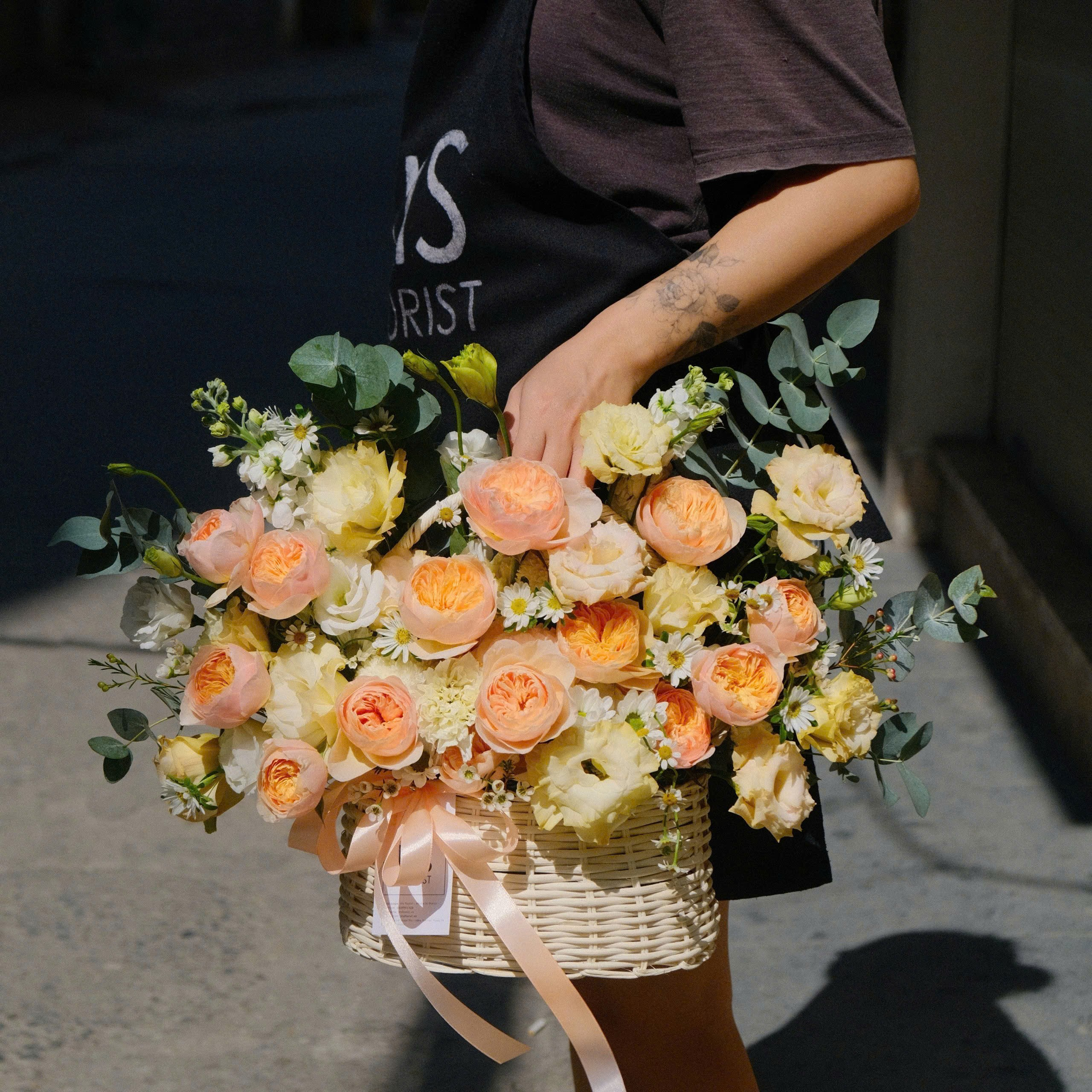 Giỏ hoa mây tone cam - Size M+