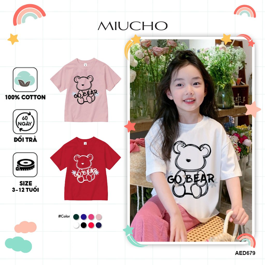 Áo thun bé gái form rộng AED679 Miucho Kid 100% vải cotton thoáng mát basic