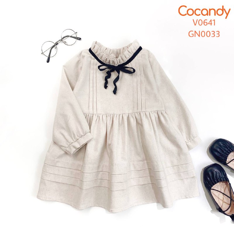 Váy dài BE xếp ly cổ phối viền ĐEN_thumbnail_0