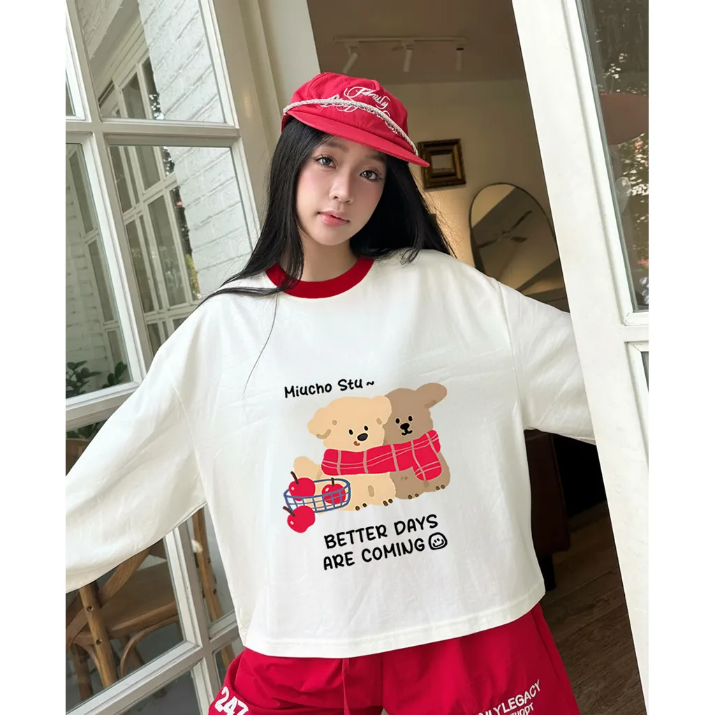 Áo thun boxy nam nữ Miucho vải thoáng mát dày dặn chuẩn form tay dài phối cổ Gấu Teddy in mix 2809_thumbnail_2