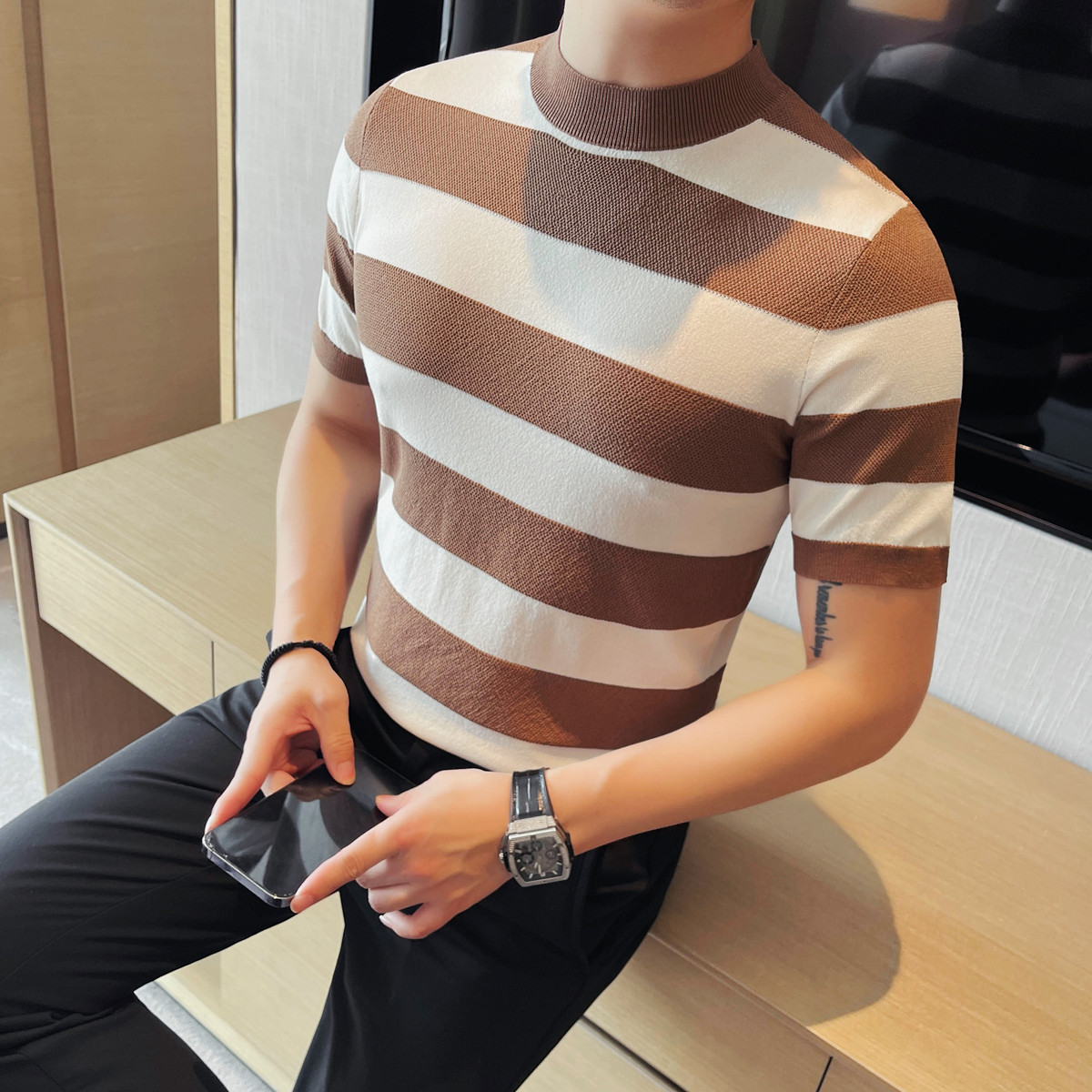 PA55 – Áo thun nam dệt kim băng lụa sọc Slim Fit cổ tròn_thumbnail_2