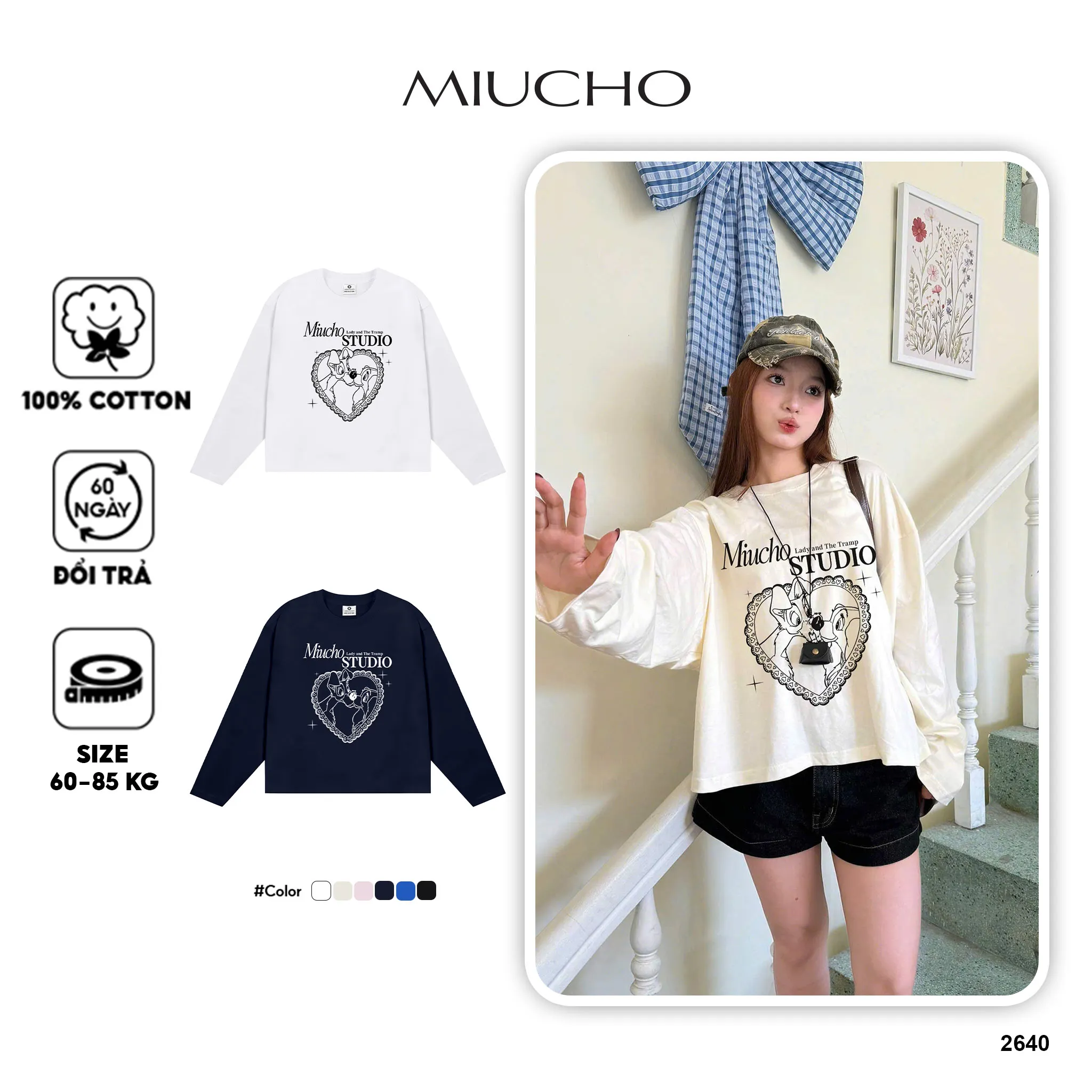Áo thun boxy tay dài classic style 2640 Miucho chuẩn form tôn dáng vải cotton thoáng mát co giãn