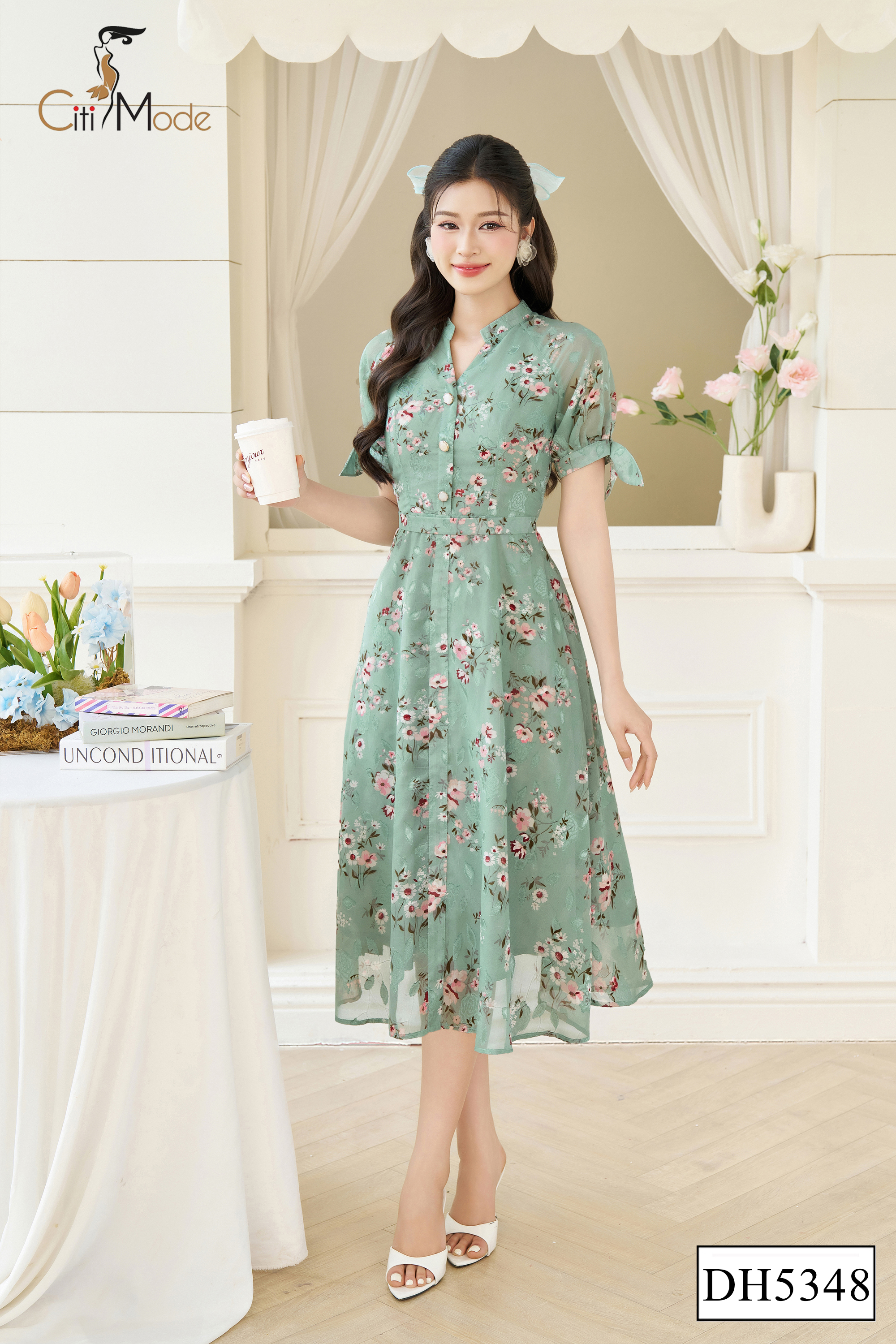 Đầm xòe hoa xanh tay cách điệu_thumbnail_3