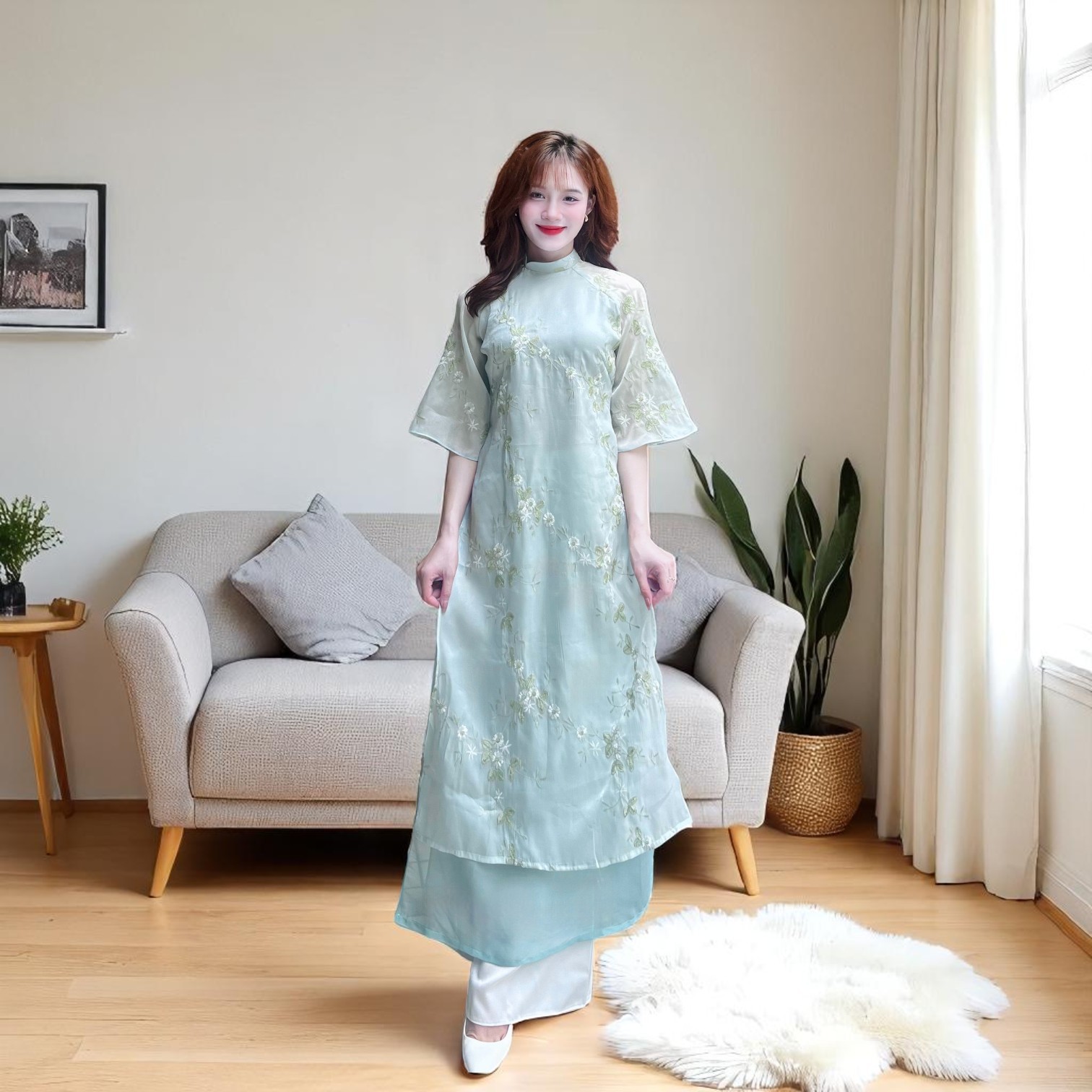 Áo Dài Cách Tân Nữ Dáng Suông Tay Dài Giả Cổ Phục Tơ Hoa MM05_thumbnail_6