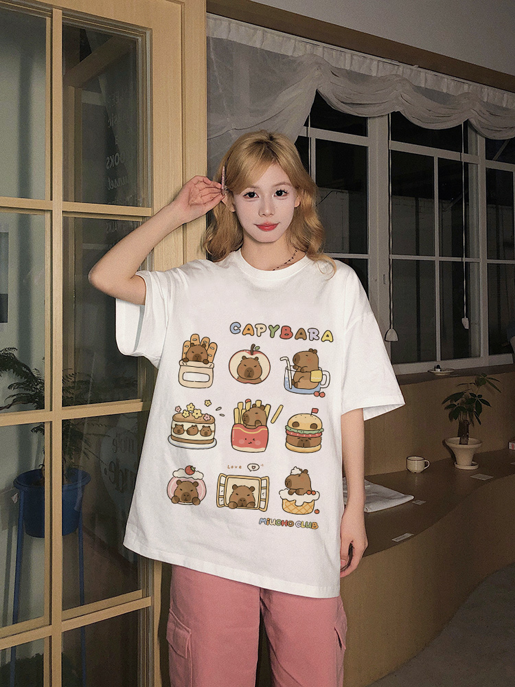 Áo thun chuột Capybara form rộng local brand ATD1224 Miucho tay ngắn vải cotton thoáng mát cổ tòn in mix_thumbnail_6