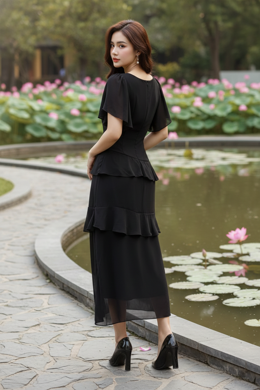 Đầm midi tay cánh tiên cổ u phối bèo xinh xắn_thumbnail_3