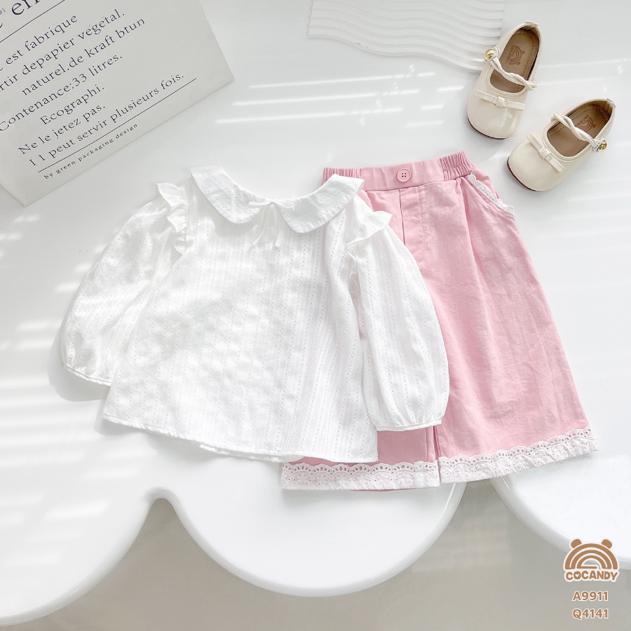 Áo dài TRẮNG sơ mi tay phồng phối bèo vai