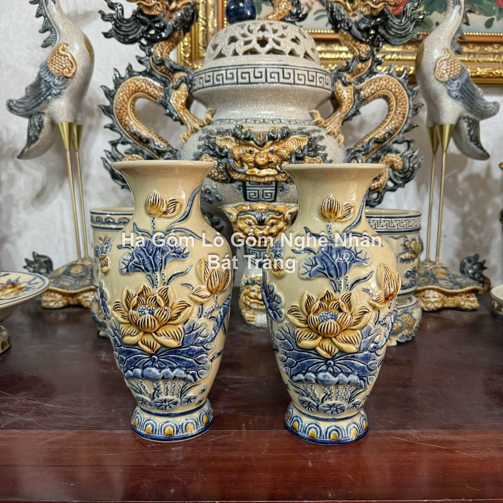 Đồ Thờ Cúng Lọ Hoa Men Hoàng Thổ - Lọ Lượn Chim Công Hoa Đào - Tài Lộc Phú Quý 28cm, 35cm Bát Tràng_thumbnail_2