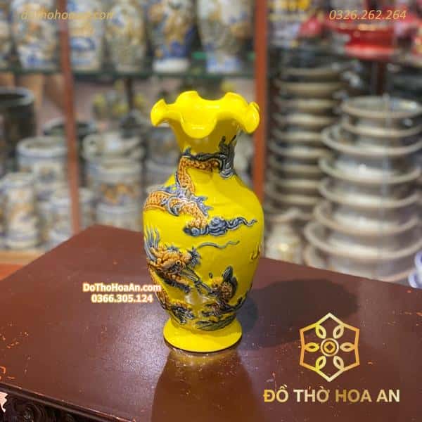 Lọ Hoa Lượn Rồng Đắp Nổi Men Vàng Hoàng Kim2