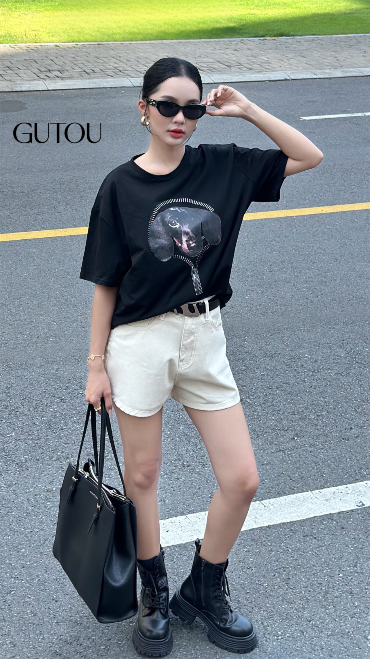 [ GUTOU ] Áo Thun Đen In Hình Doberman Khóa Kéo_thumbnail_6