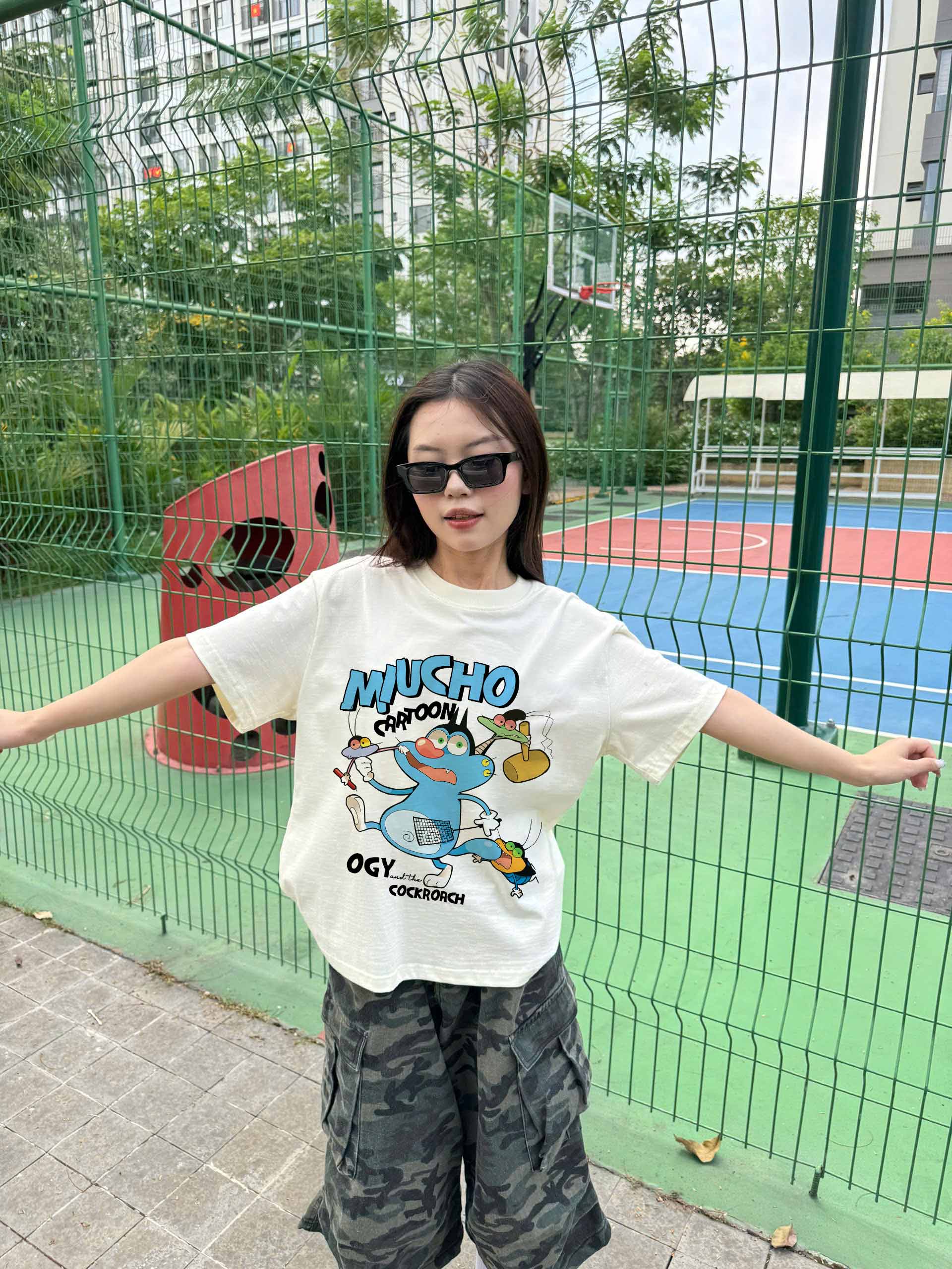 Áo phông form boxy in hoạt hình dễ thương 2357 Miucho Club cổ tròn vải cotton 2 chiều cao cấp in mix_thumbnail_4