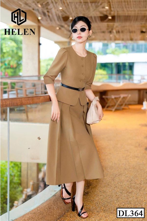 Đầm xòe pelum nâu giả set đính cúc ngực DL364