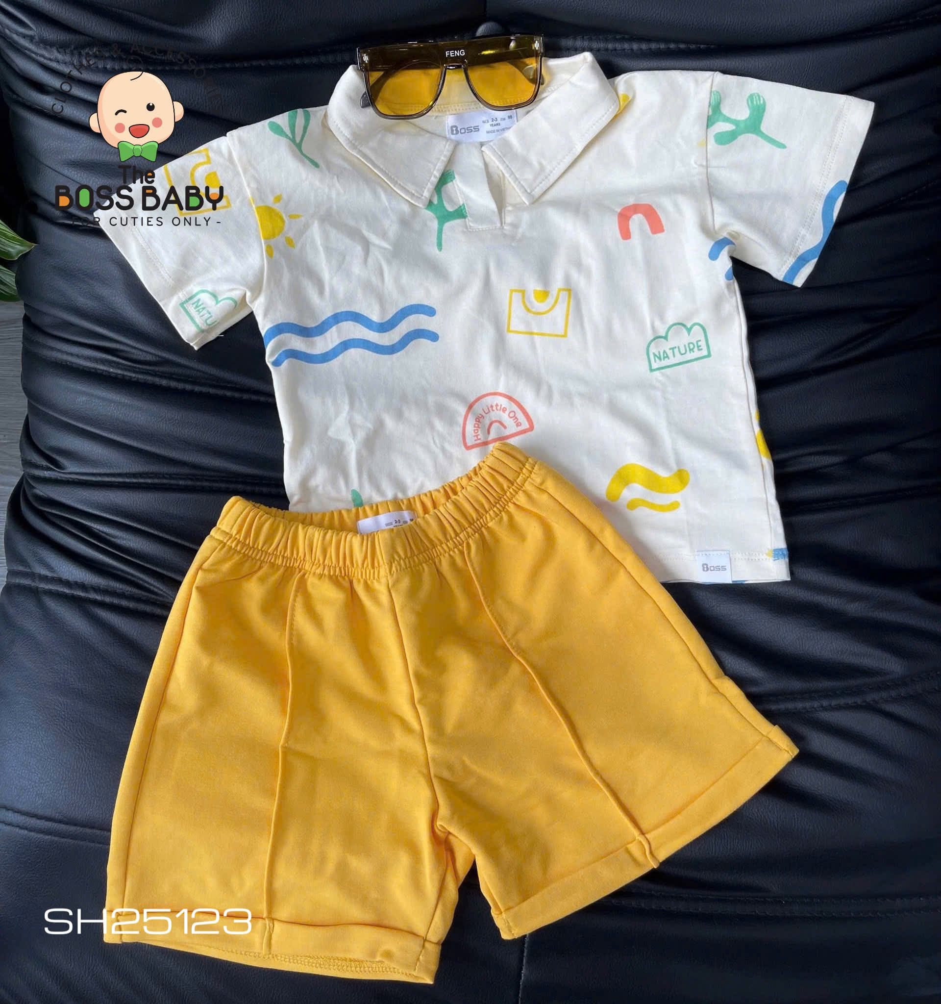 Set bộ polo cotton trắng vàng họa tiết màu sắc