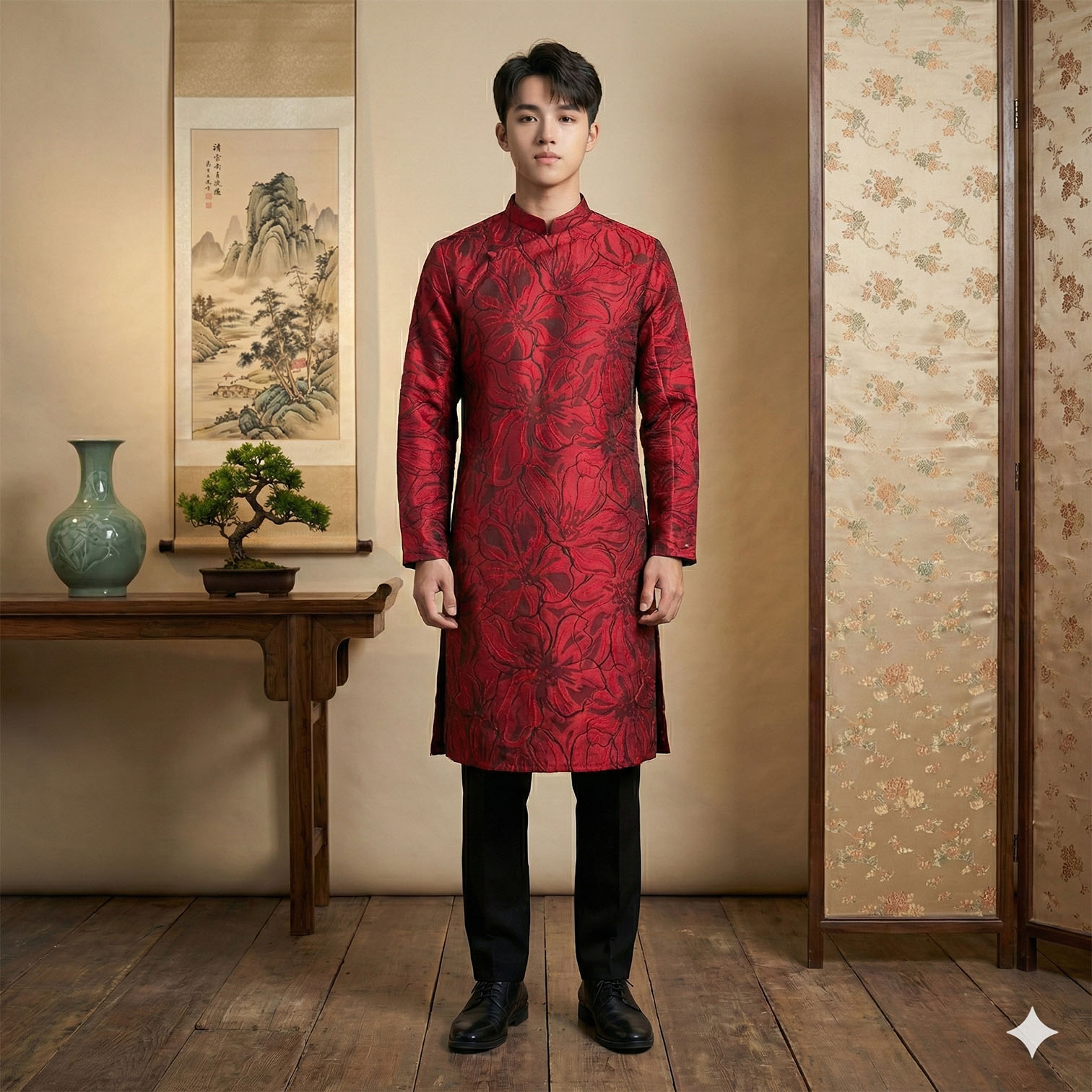 Áo Dài Nam Cách Tân Gấm Vân Big Size Form Rộng – N25-02