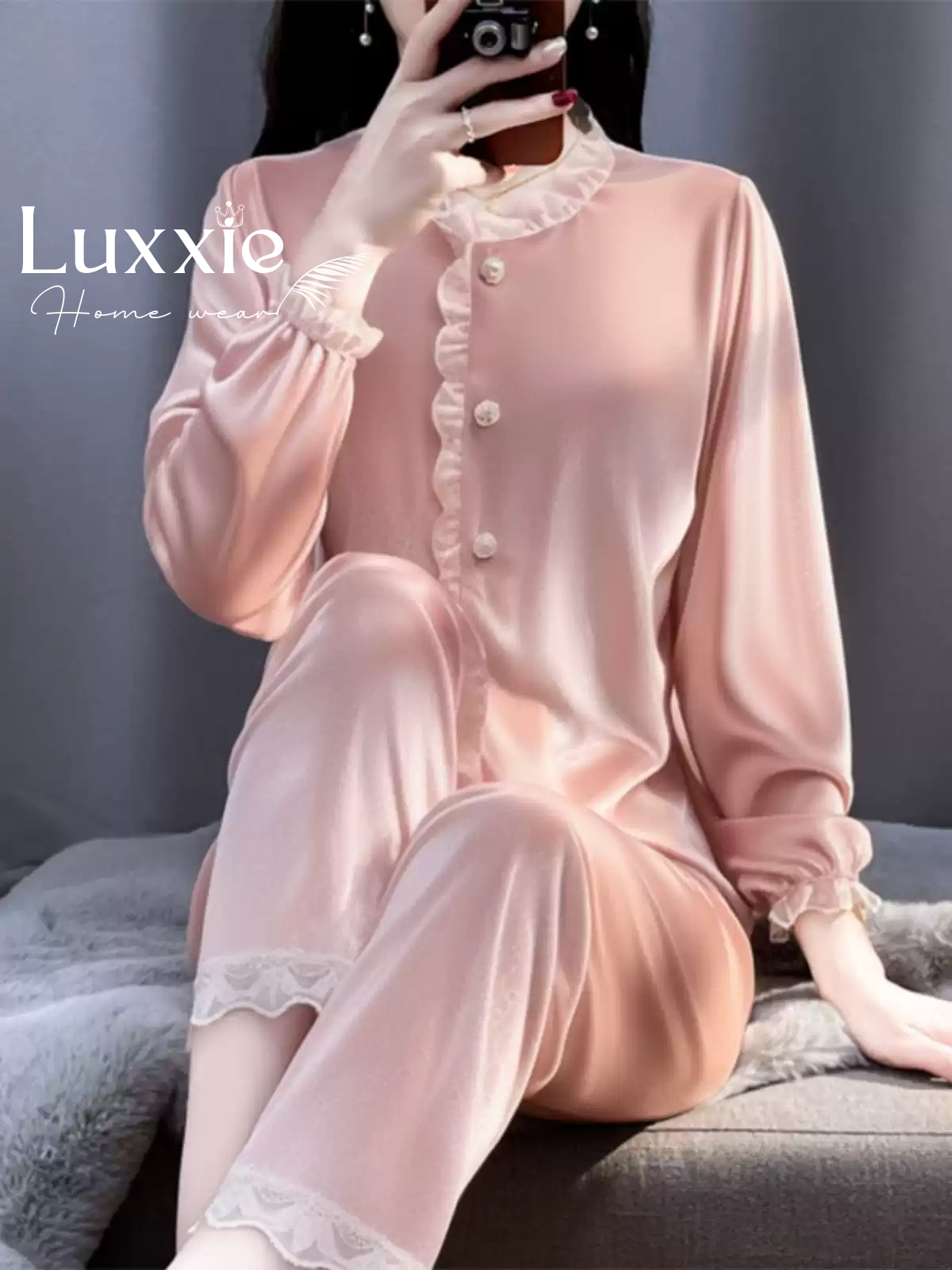 NHUNG28 Bộ ngủ nhung viền ren trắng cổ tròn bo tay