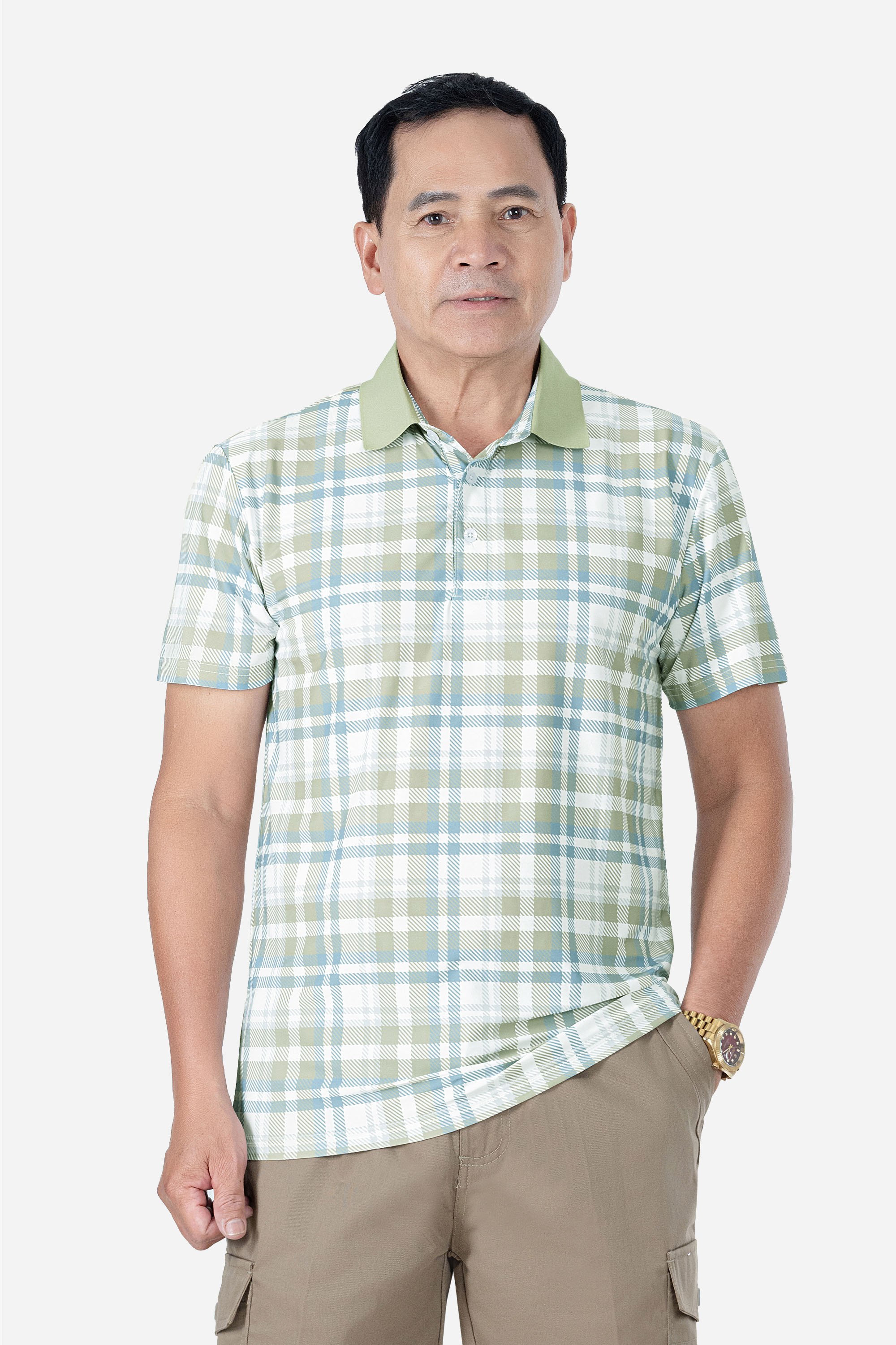 Áo Polo Kẻ Nam Trung Niên ANCHI Chất Liệu Cotton Mĩ Cao Cấp Phom Suông Vạt Ngang Màu Rêu Nhạt