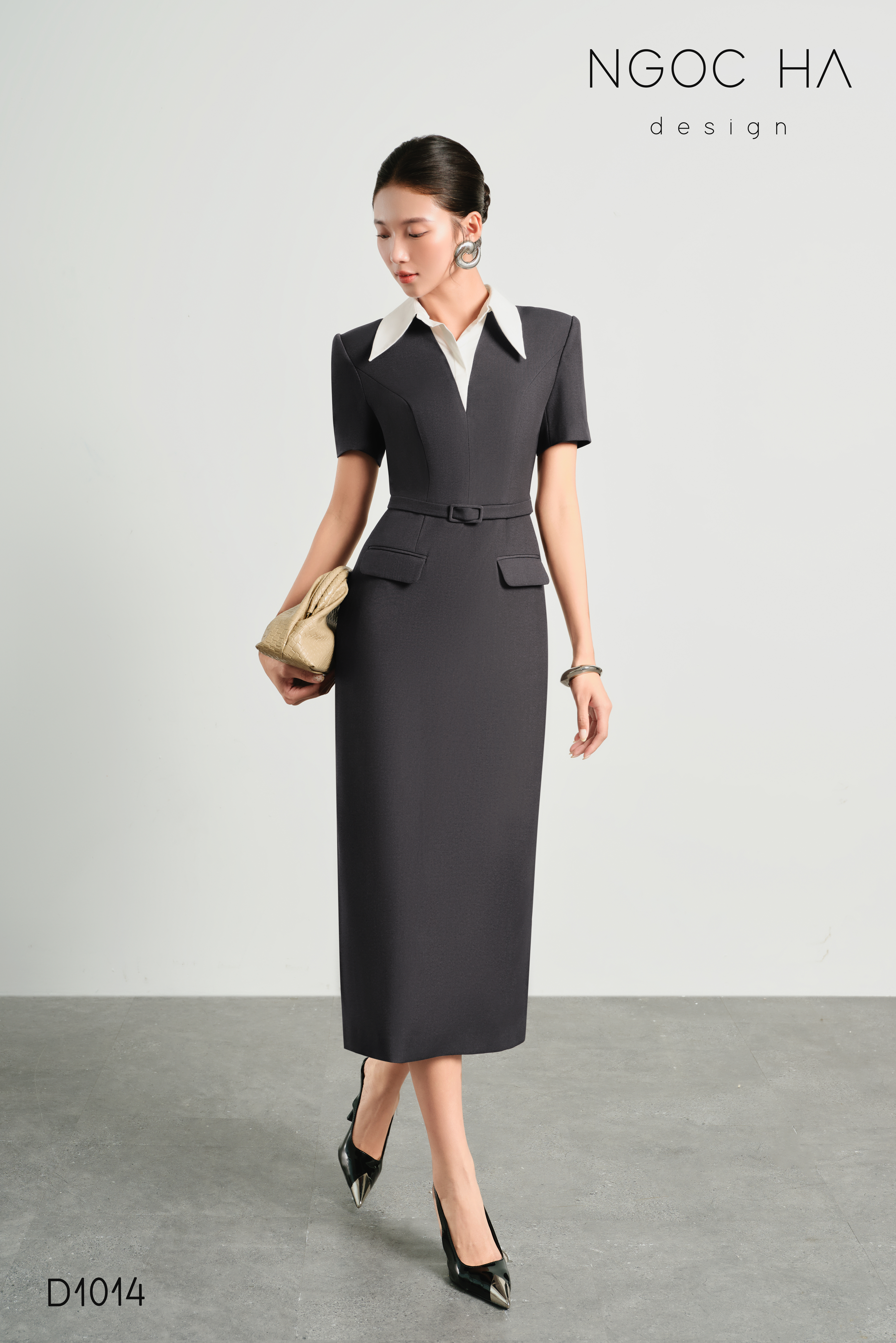 Aline Dress_ Đầm Bút Chì Màu Ghi Mix Cổ Trắng D1014_thumbnail_3