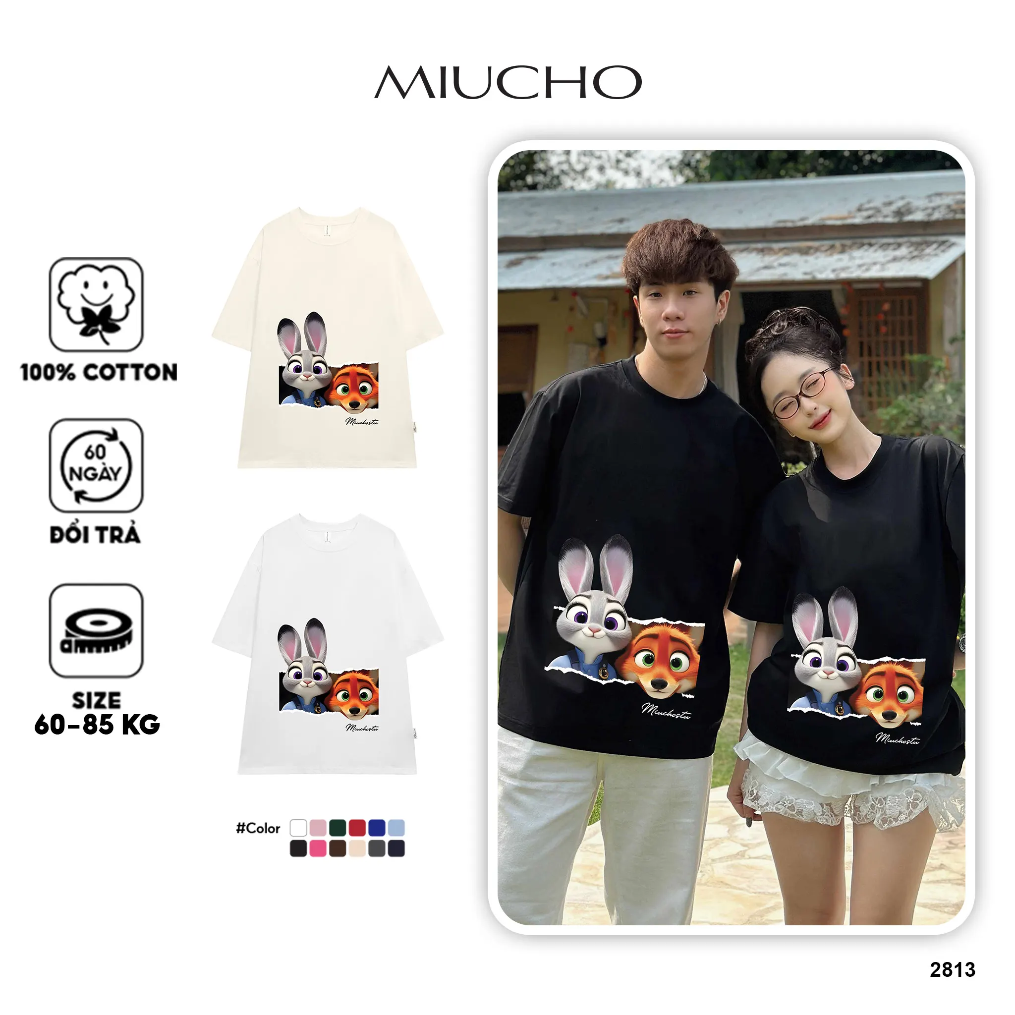 Áo thun couple form rộng Miucho vải cotton thoáng mát dày dặn hoạt hình Zootopia 2813