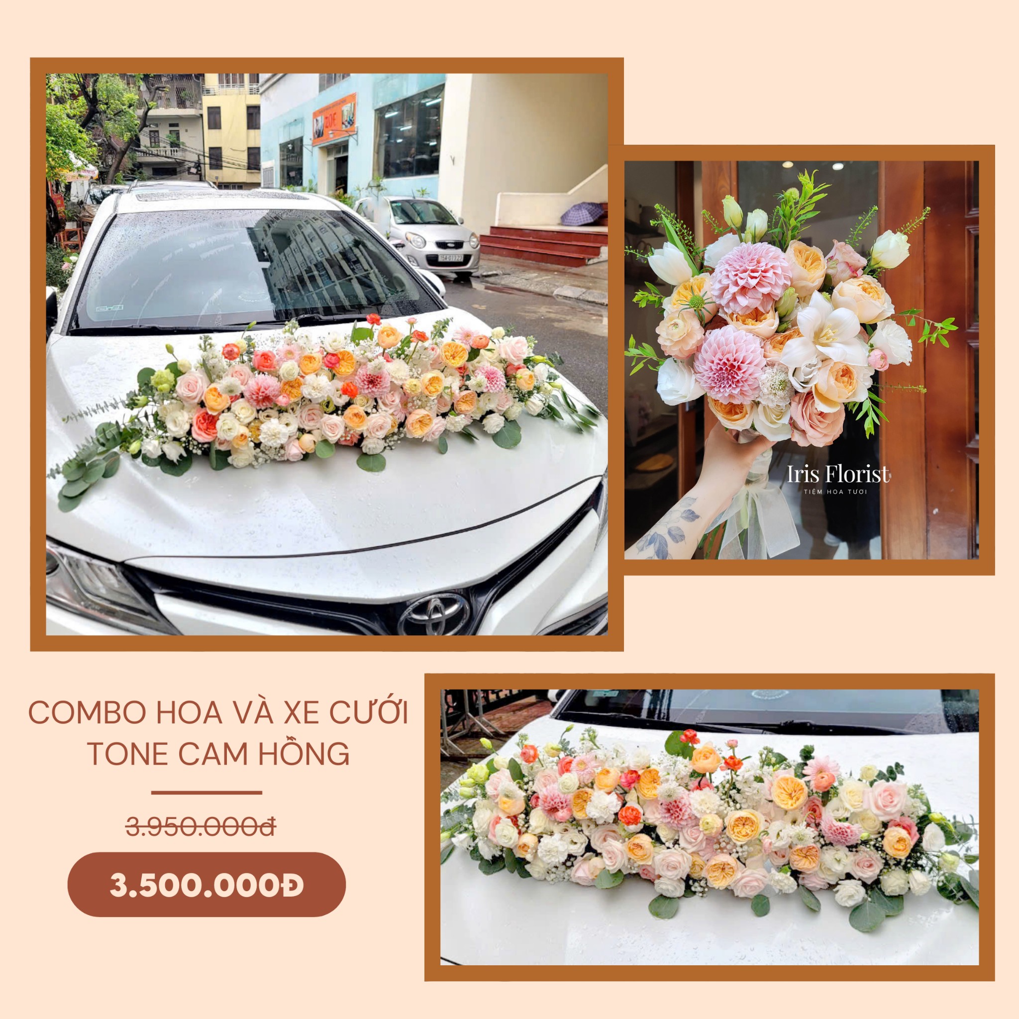 Combo hoa và xe cưới Tone hồng cam