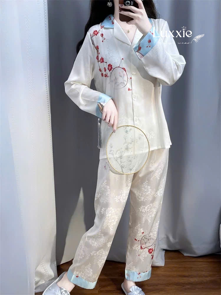 N101 Pijama lụa gấm trắng hoa đào viền xanh da trời_thumbnail_6