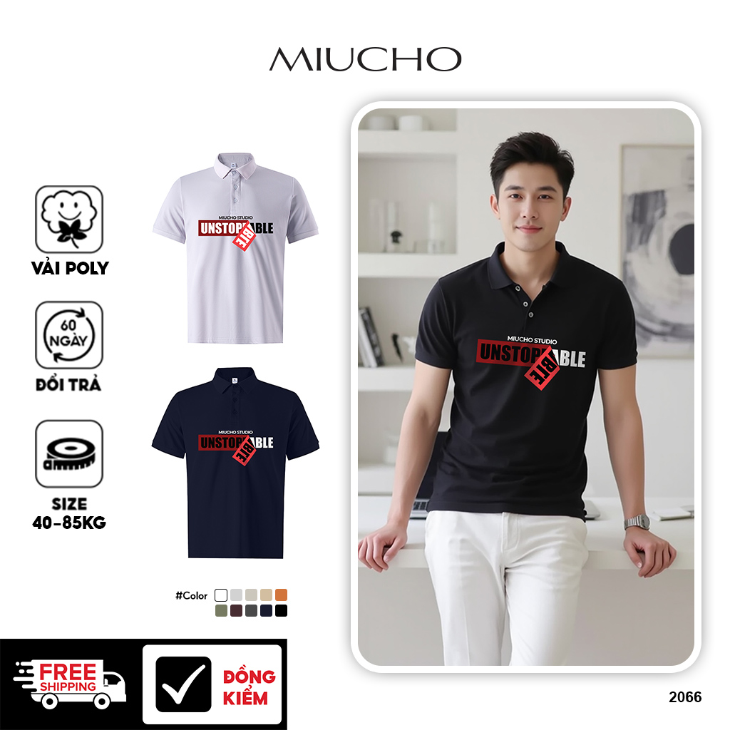 Áo polo nam đẹp form vừa 2066 Miucho Iconic cổ trụ vải cá sấu polyester thoáng mát in typography