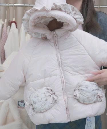 (M140) Áo phao trần bông viền bèo có mũ và túi màu hồng nhạt