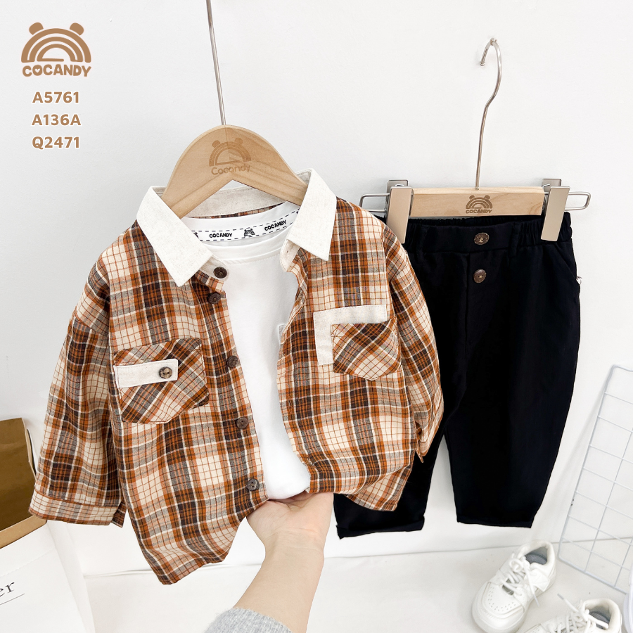 Áo dài sơ mi caro NÂU CAM 2 túi ngực_thumbnail_2