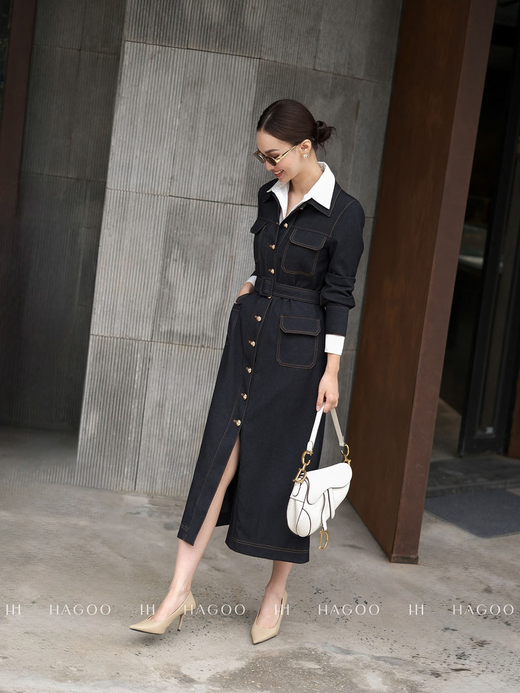 Váy Denim túi ốp diễu chỉ trang trí HAGOO_thumbnail_5